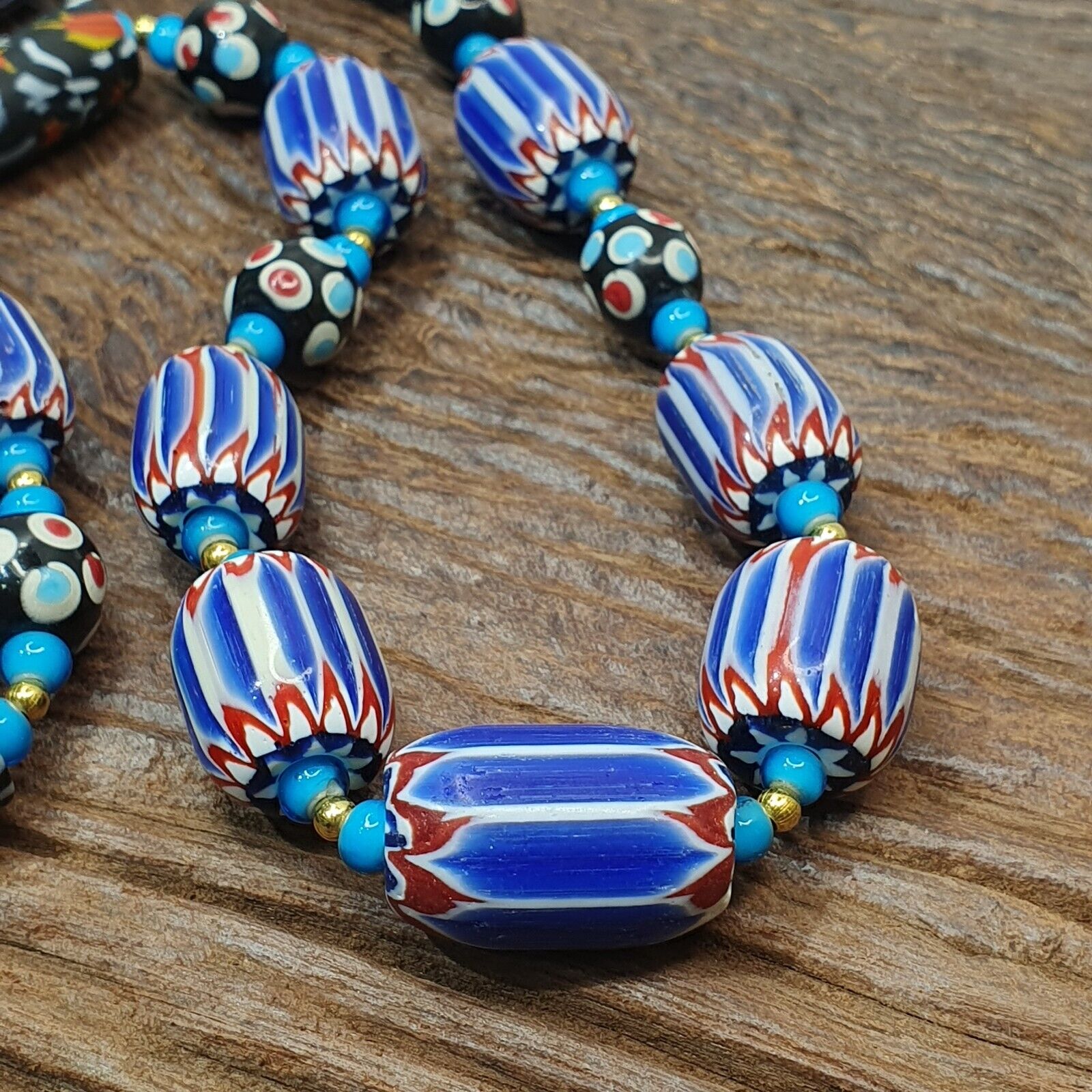 Venetian inspired Trade Skunk Blue Chevron and whiteheart Beads Strand H-2B