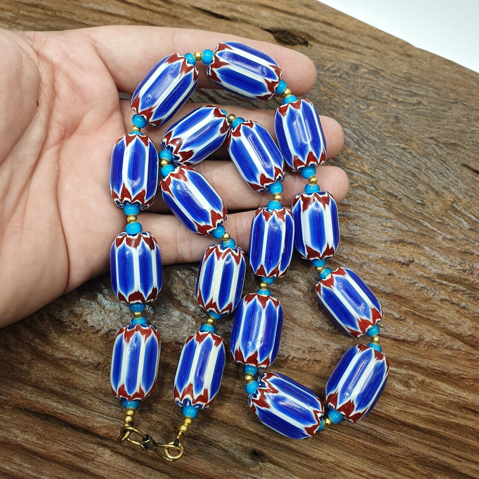 H-3B Venetian inspired Trade Blue Chevron and whiteheart Beads Strand