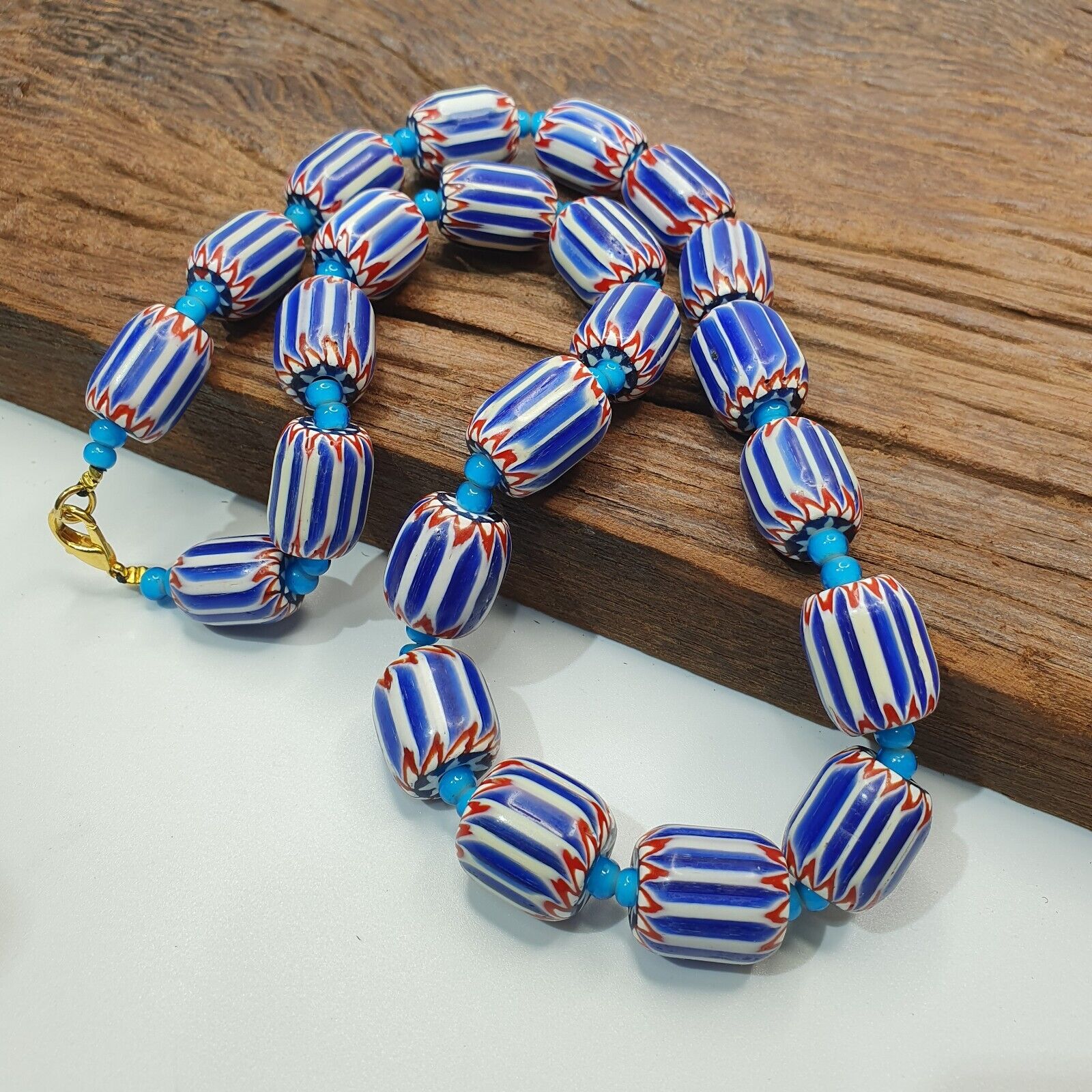 H-5B Vintage Venetian inspired Trade Blue Chevron and whiteheart Beads Strand