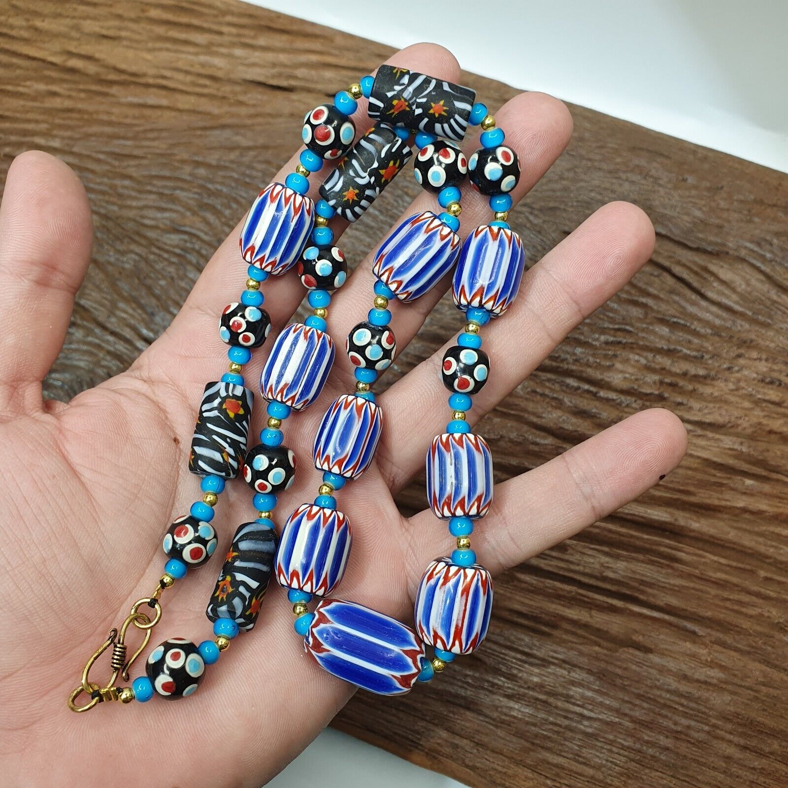 Venetian inspired Trade Skunk Blue Chevron and whiteheart Beads Strand H-2B