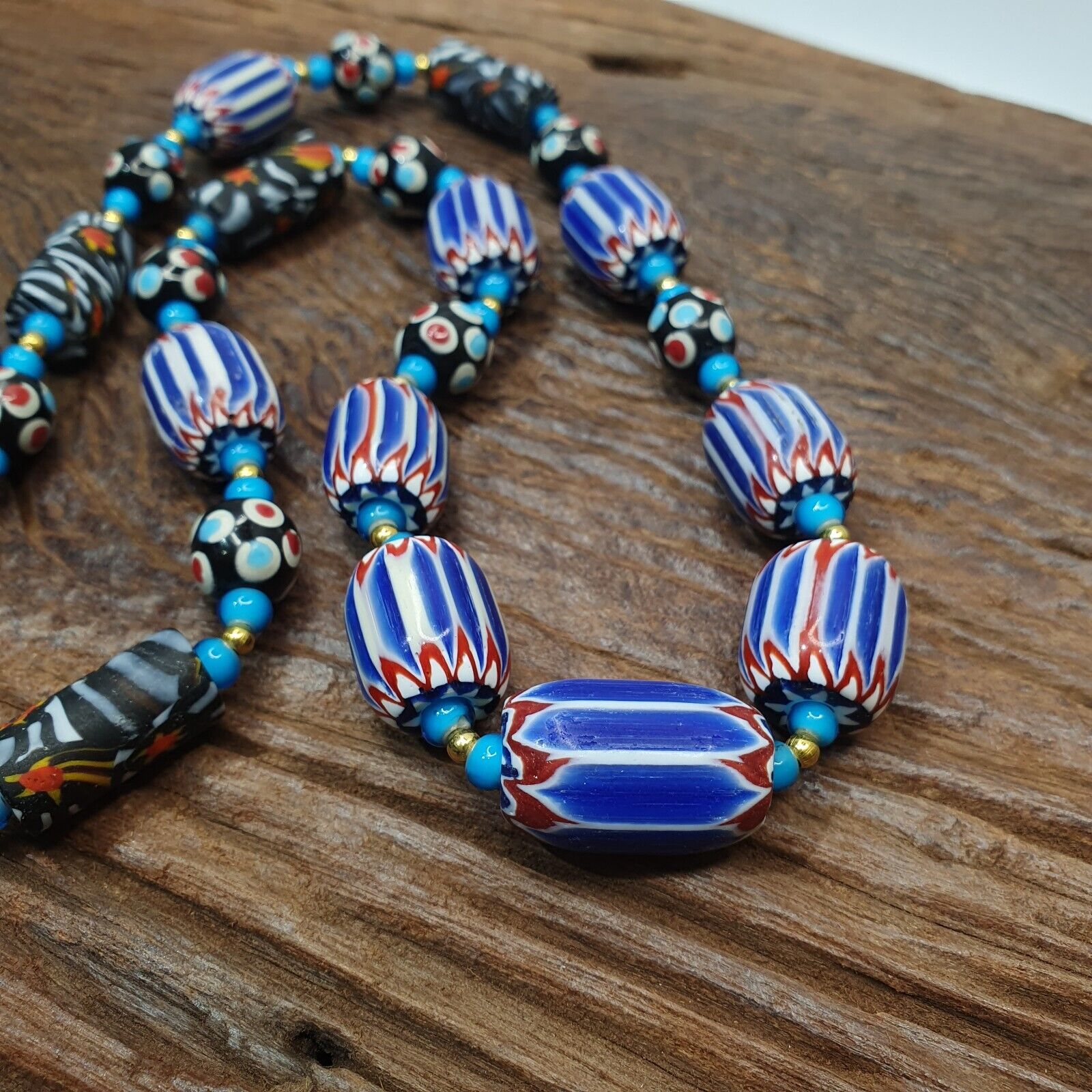 Venetian inspired Trade Skunk Blue Chevron and whiteheart Beads Strand H-2B