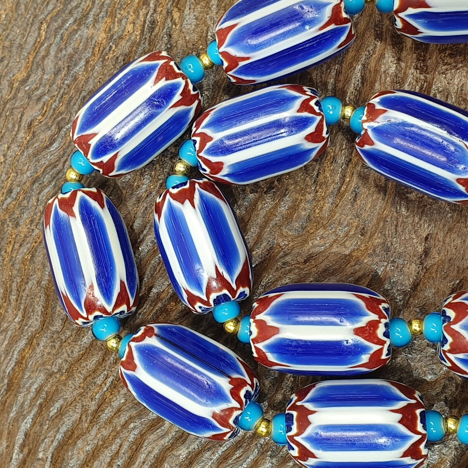 H-3B Venetian inspired Trade Blue Chevron and whiteheart Beads Strand