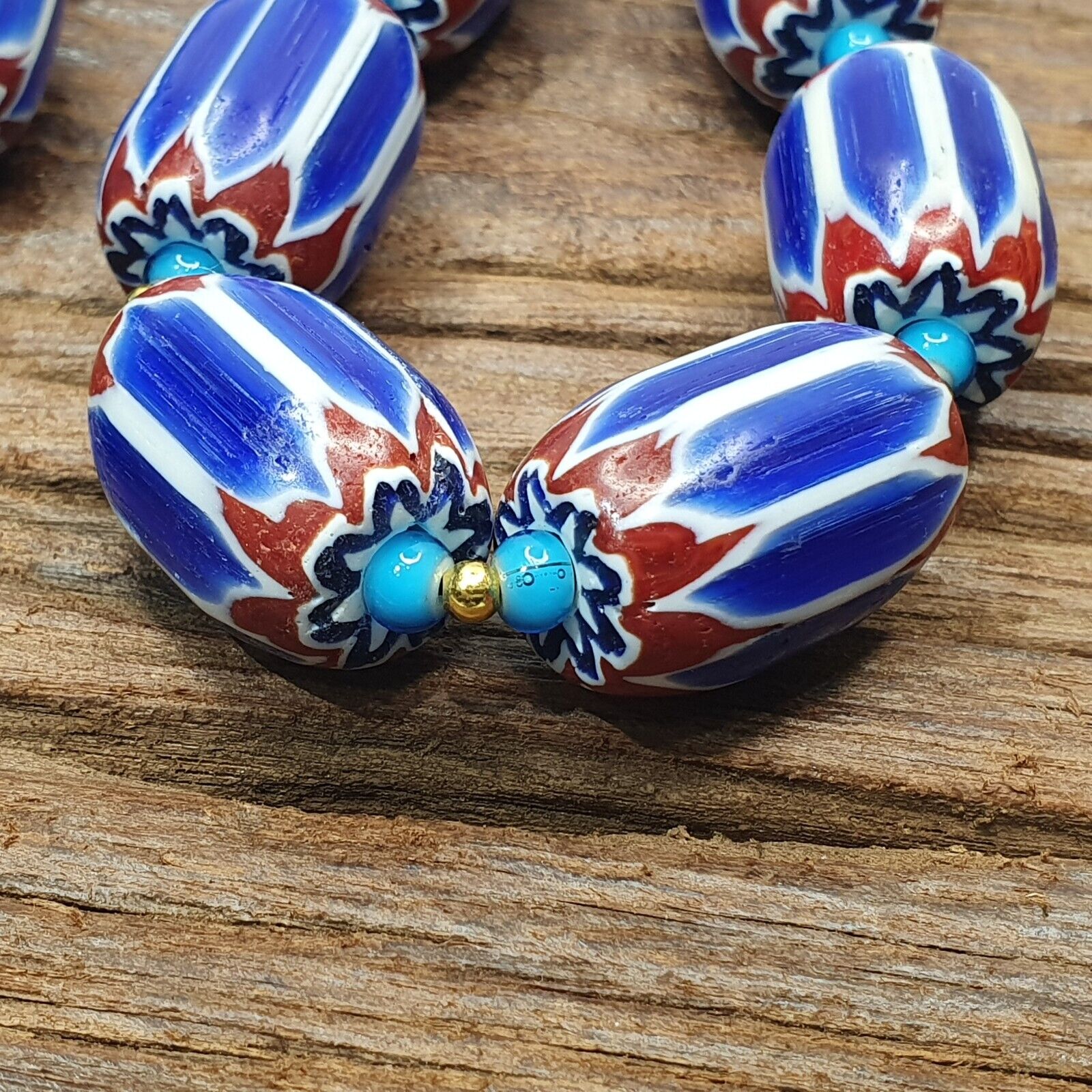H-3B Venetian inspired Trade Blue Chevron and whiteheart Beads Strand