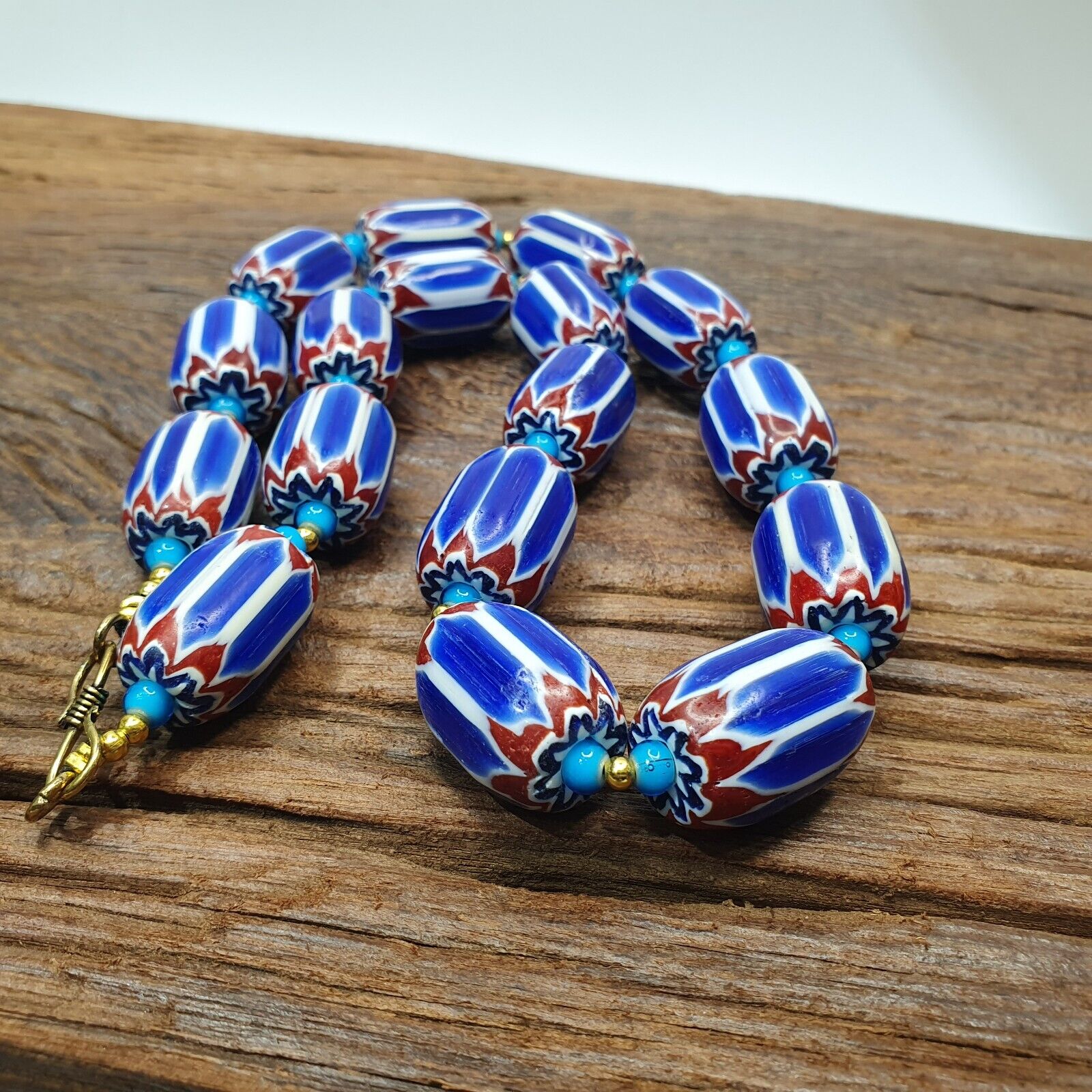 H-3B Venetian inspired Trade Blue Chevron and whiteheart Beads Strand