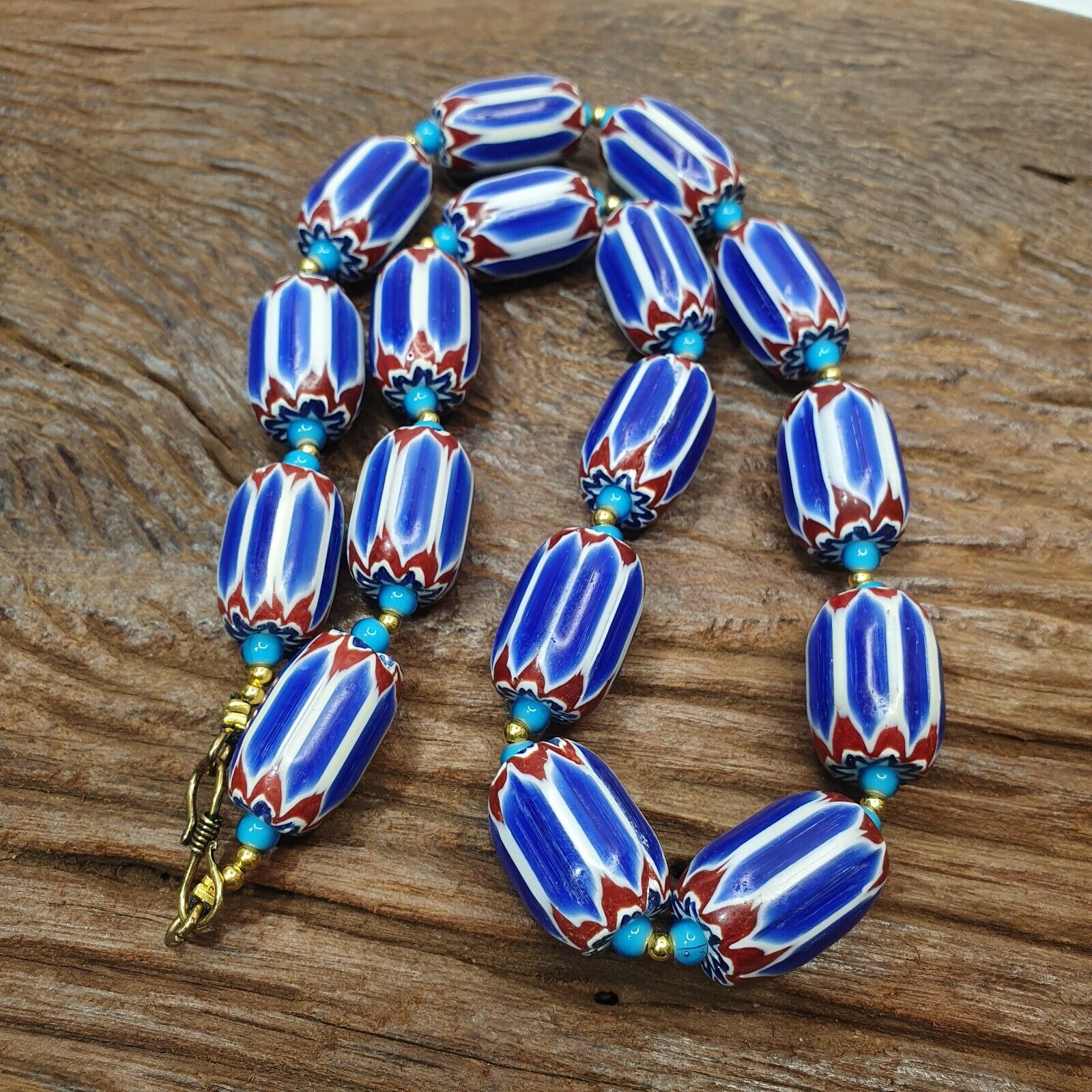 H-3B Venetian inspired Trade Blue Chevron and whiteheart Beads Strand