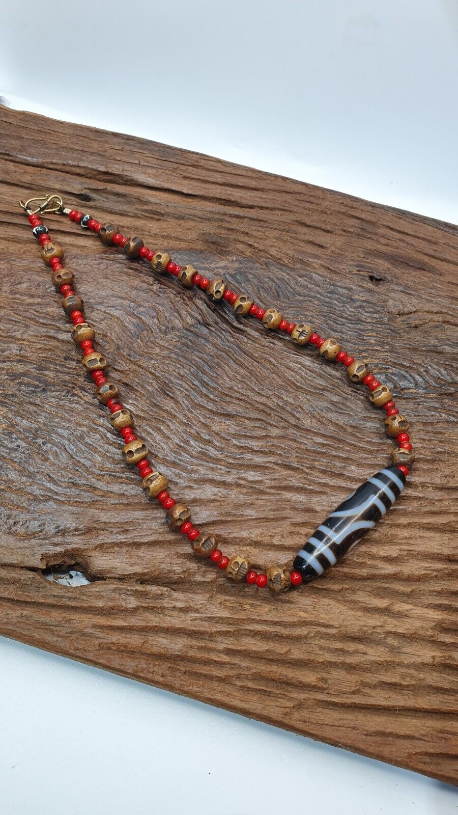 Antique Vintage Himalayan Indo Tibetan 2 eye Agate, carving Skull Beads Necklace
