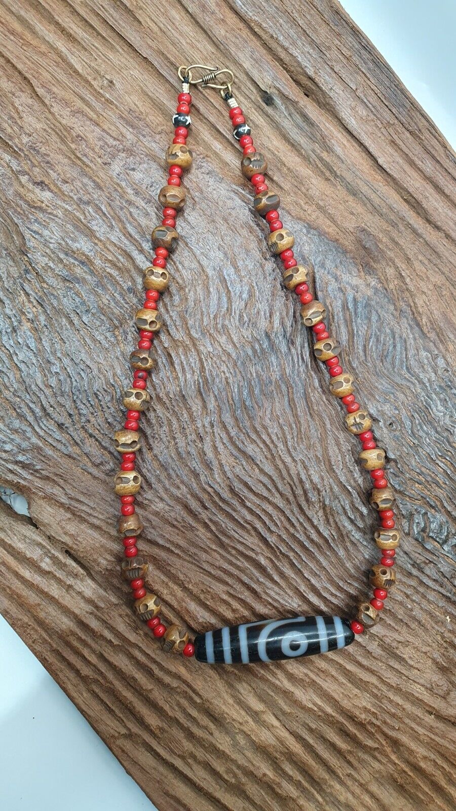 Antique Vintage Himalayan Indo Tibetan 2 eye Agate, carving Skull Beads Necklace