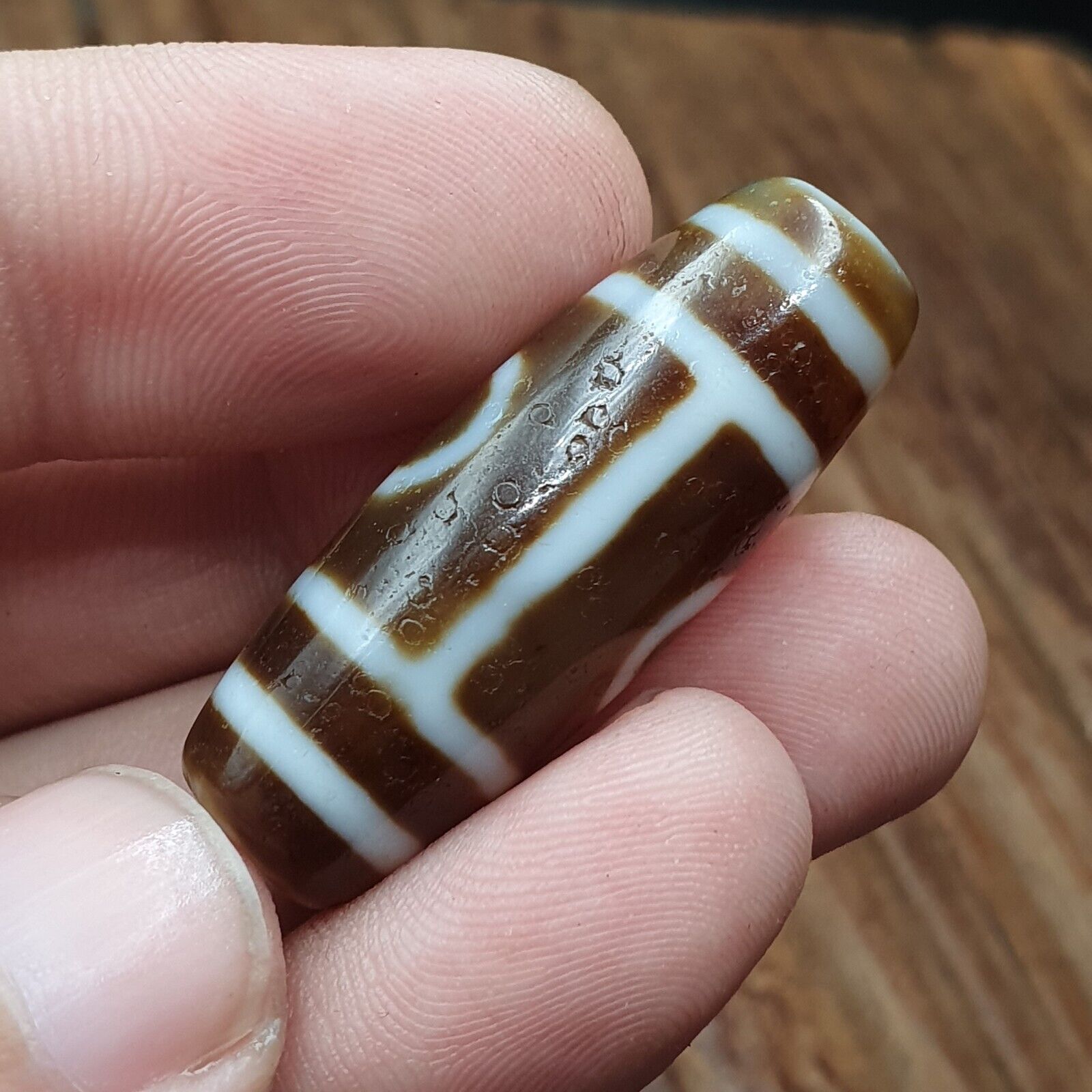 Tibetan Old 2 eyes Agate Dzi Bead Unique Pattern Amulet Pendant STB-14