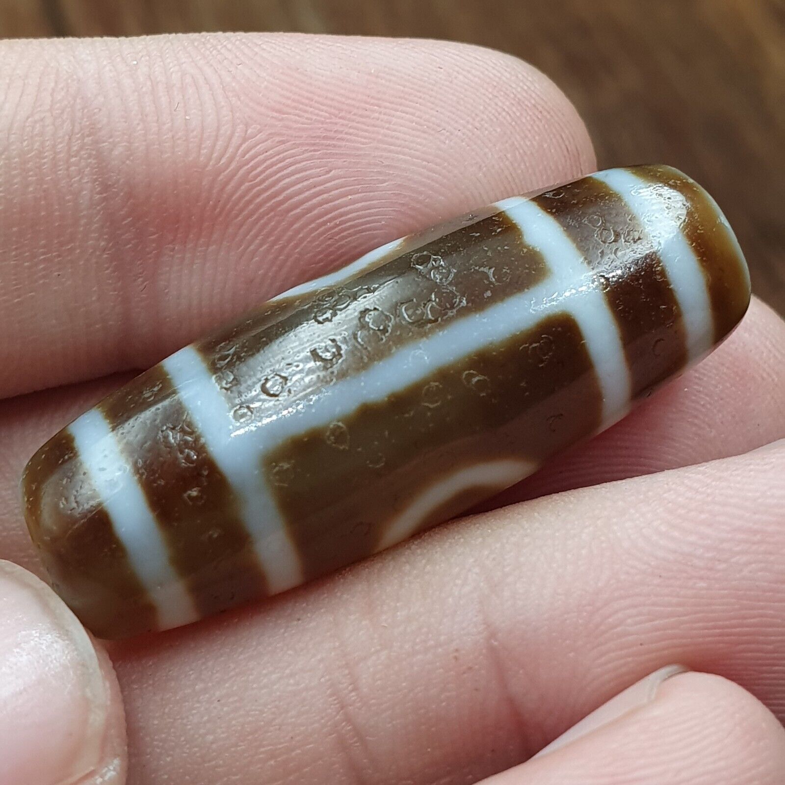 Tibetan Old 2 eyes Agate Dzi Bead Unique Pattern Amulet Pendant STB-14