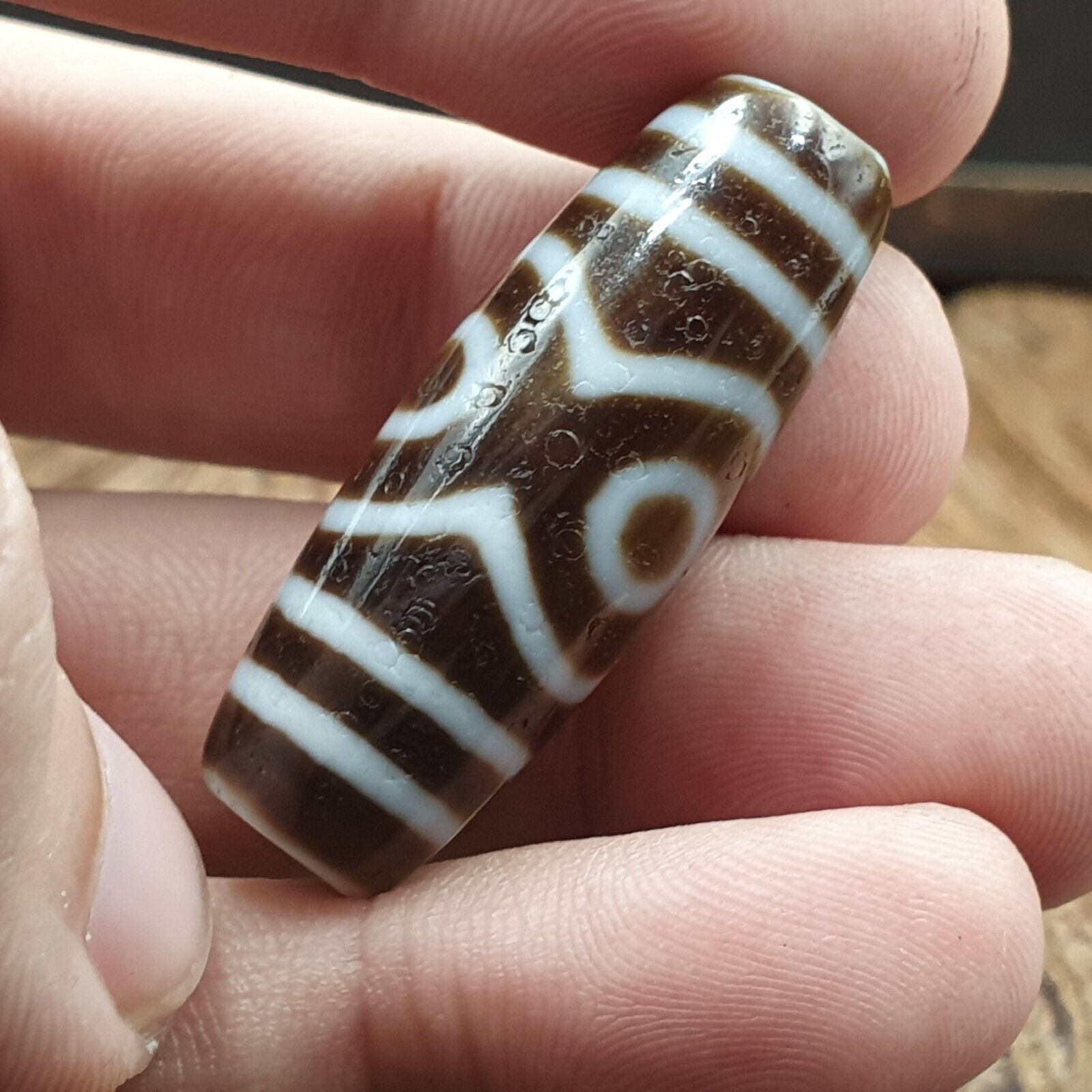 Tibetan Old 3 eyes Agate Dzi Bead Unique Pattern Amulet Pendant STB-13