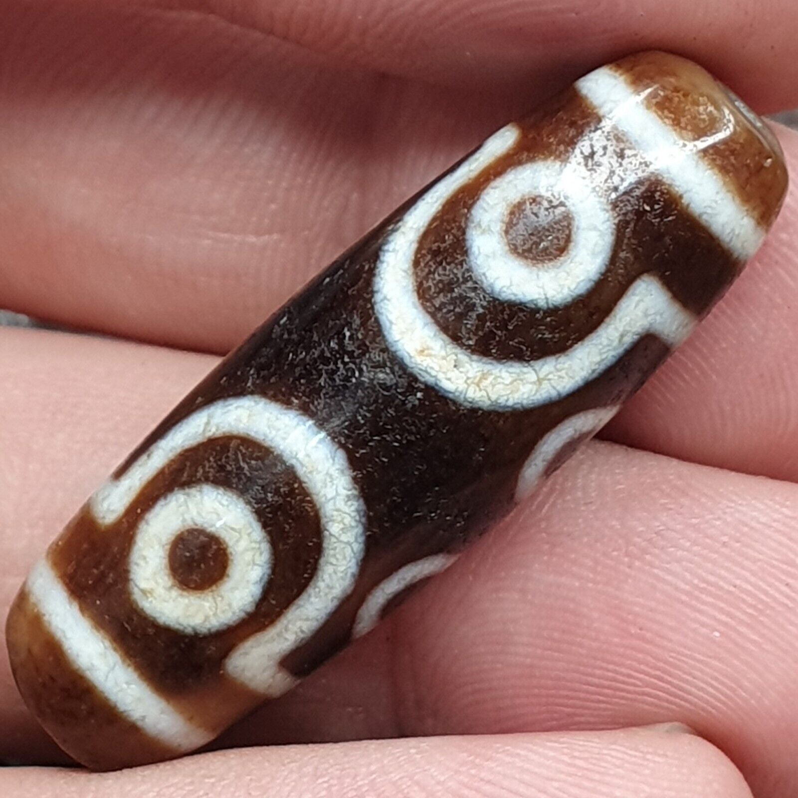 Vintage Tibetan Himalayan 4 Eyes Unique pattern Agate stone Dzi Bead Amulet CT7