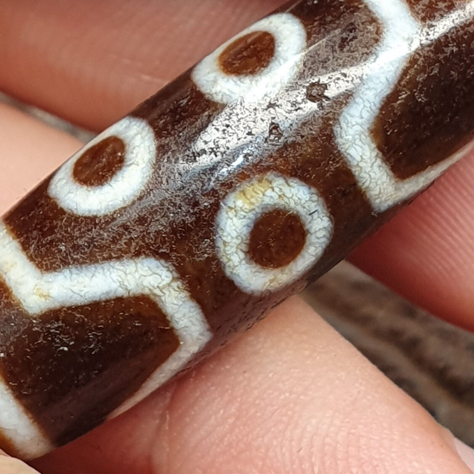 Vintage Tibetan Himalayan 4 Eyes Unique pattern Agate stone Dzi Bead Amulet CT7