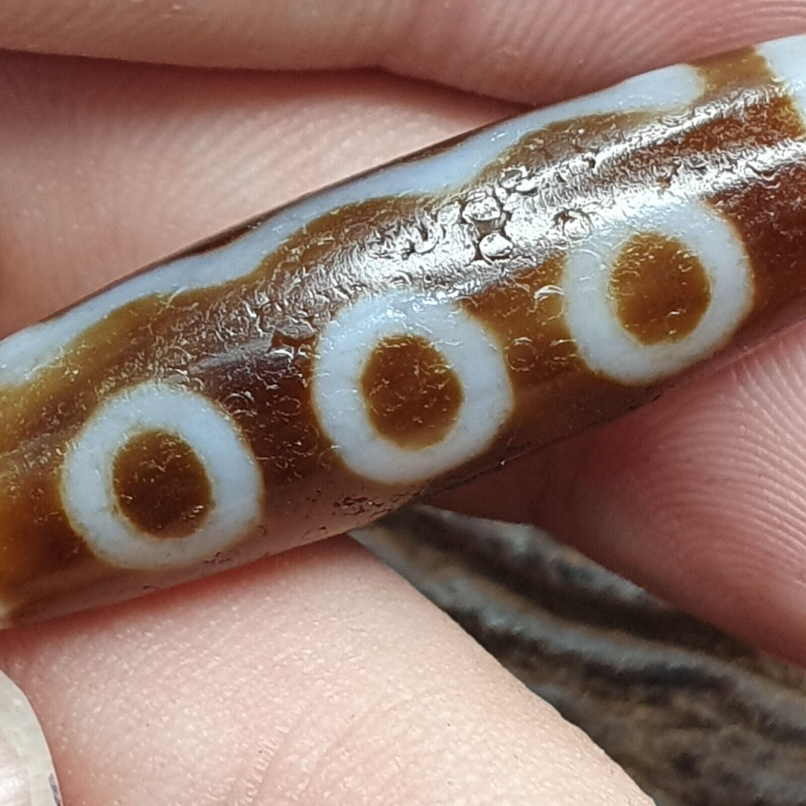 Vintage Tibetan Himalayan 5 Eyes Unique pattern Agate stone Dzi Bead Amulet CT8