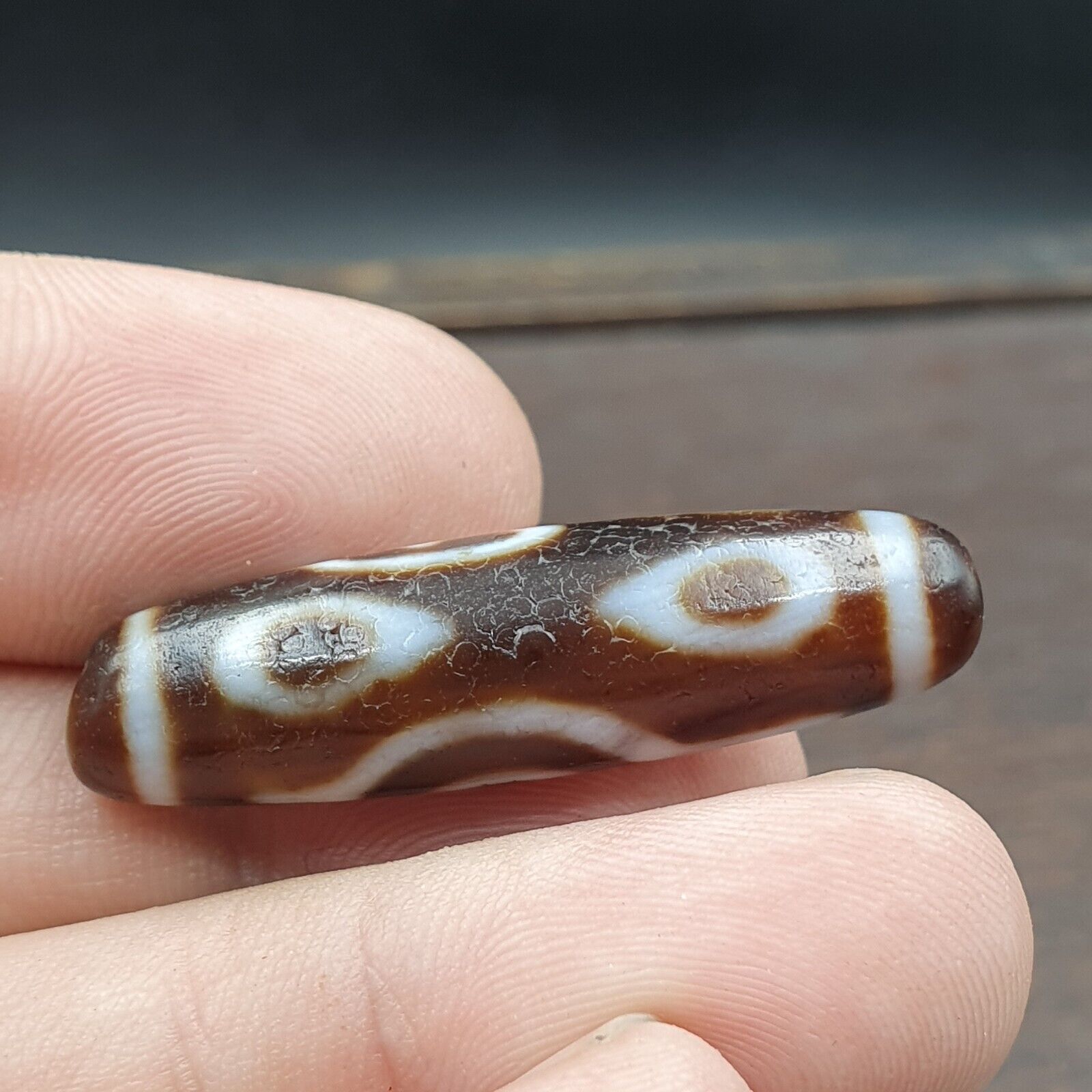 Vintage Tibetan 4 Eyes Unique pattern Agate stone Dzi Bead Amulet CT-9