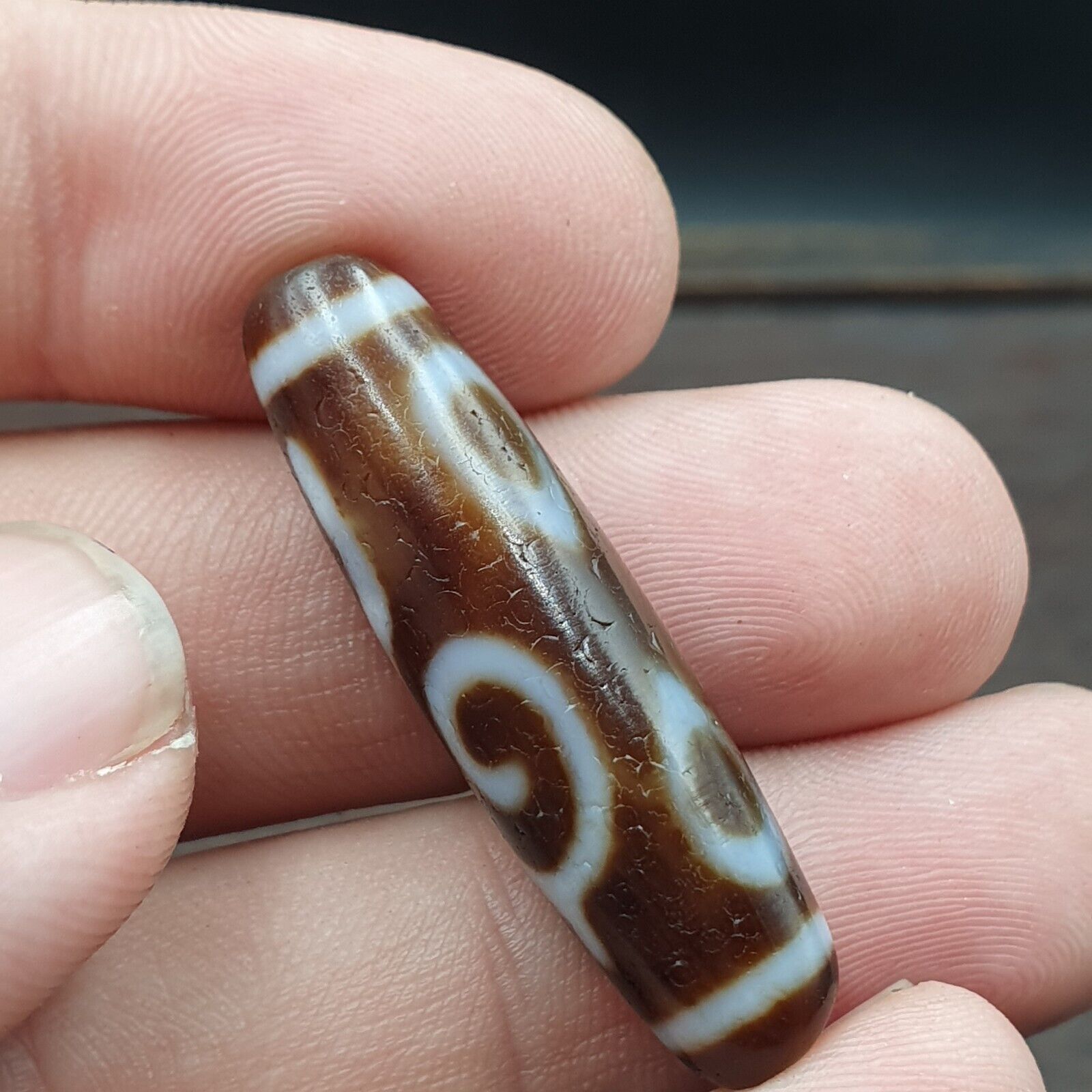 Vintage Tibetan 4 Eyes Unique pattern Agate stone Dzi Bead Amulet CT-9