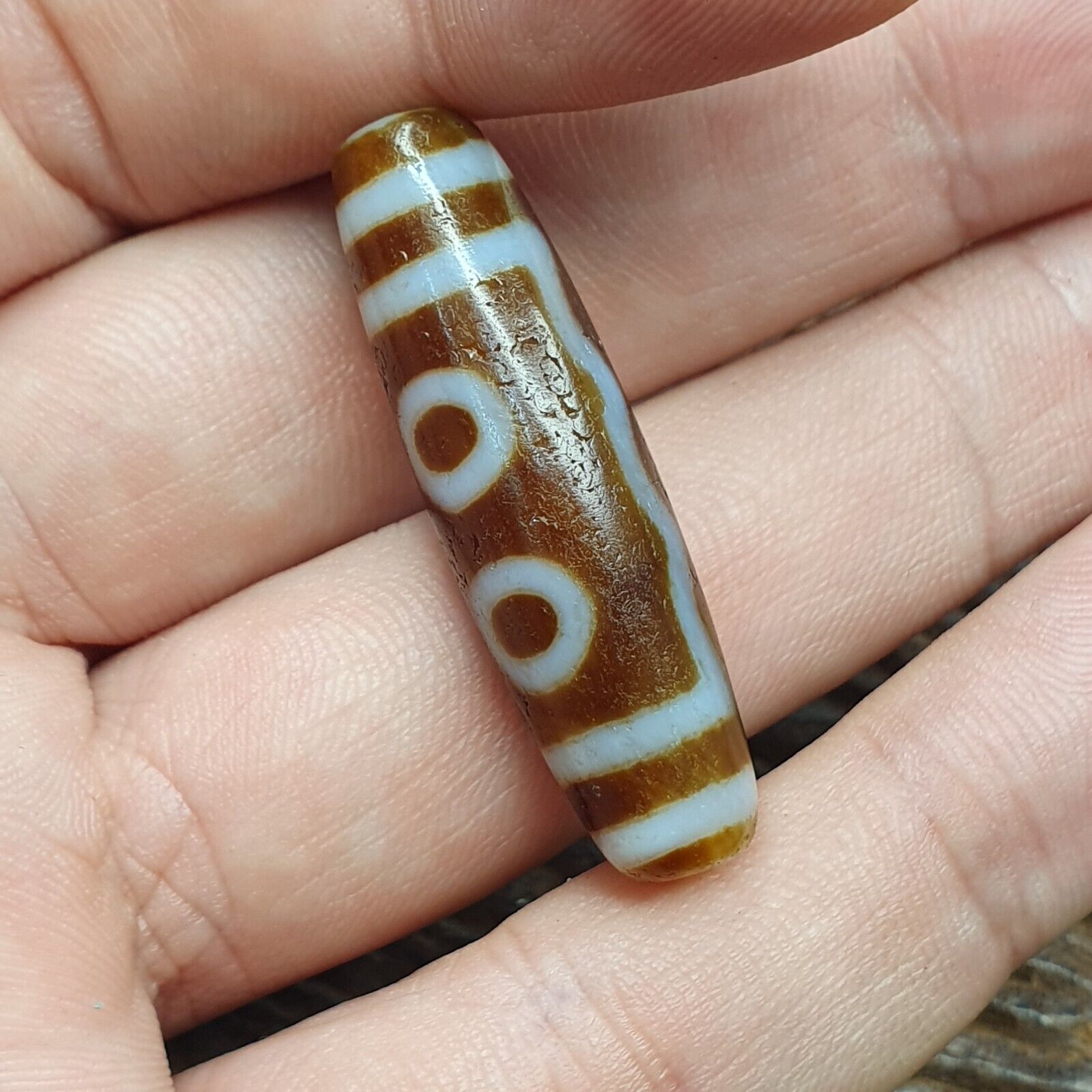 Vintage Tibetan Himalayan 5 Eyes Unique pattern Agate stone Dzi Bead Amulet CT8