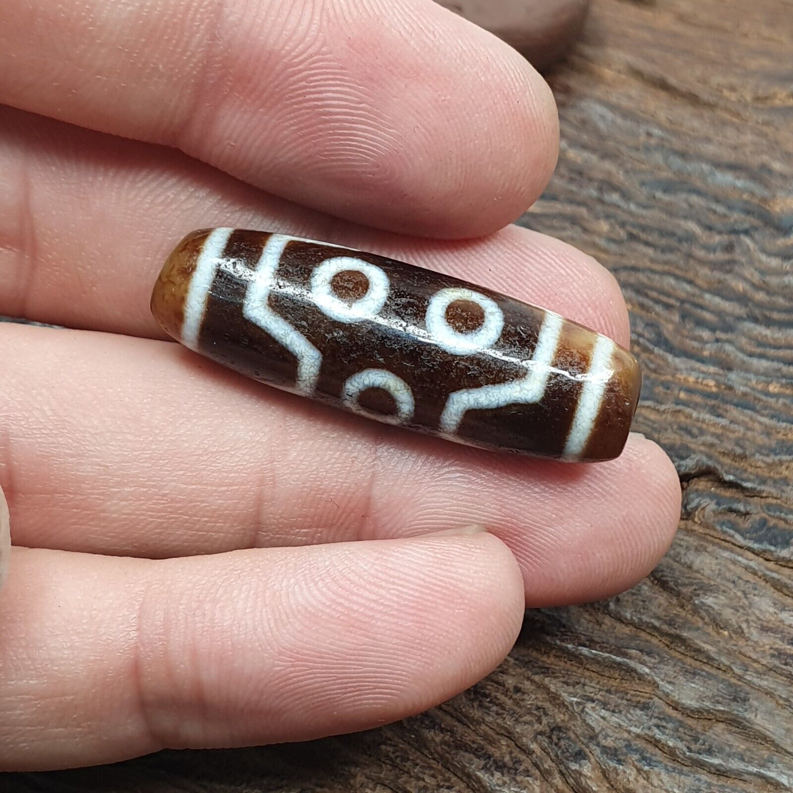 Vintage Tibetan Himalayan 4 Eyes Unique pattern Agate stone Dzi Bead Amulet CT7