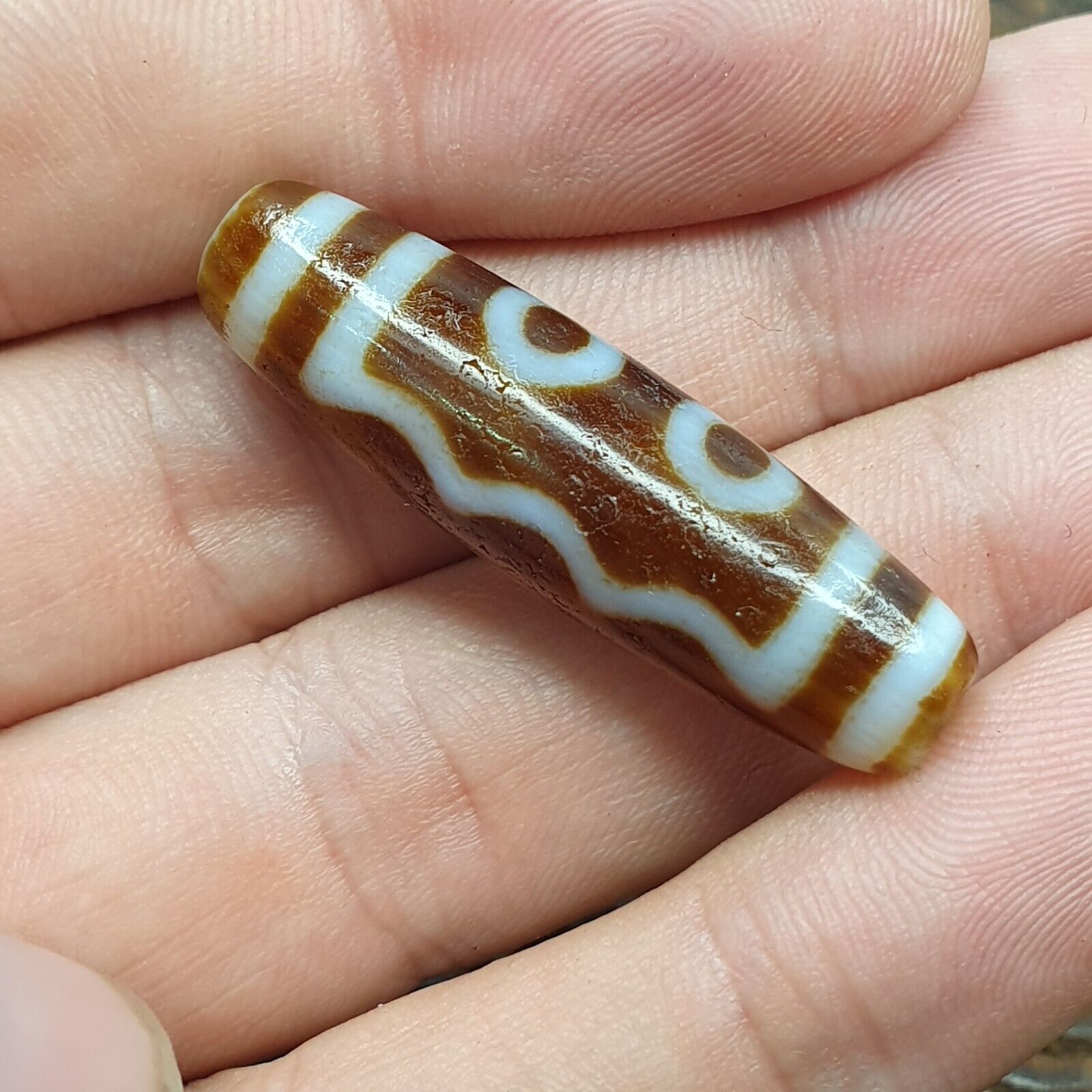 Vintage Tibetan Himalayan 5 Eyes Unique pattern Agate stone Dzi Bead Amulet CT8