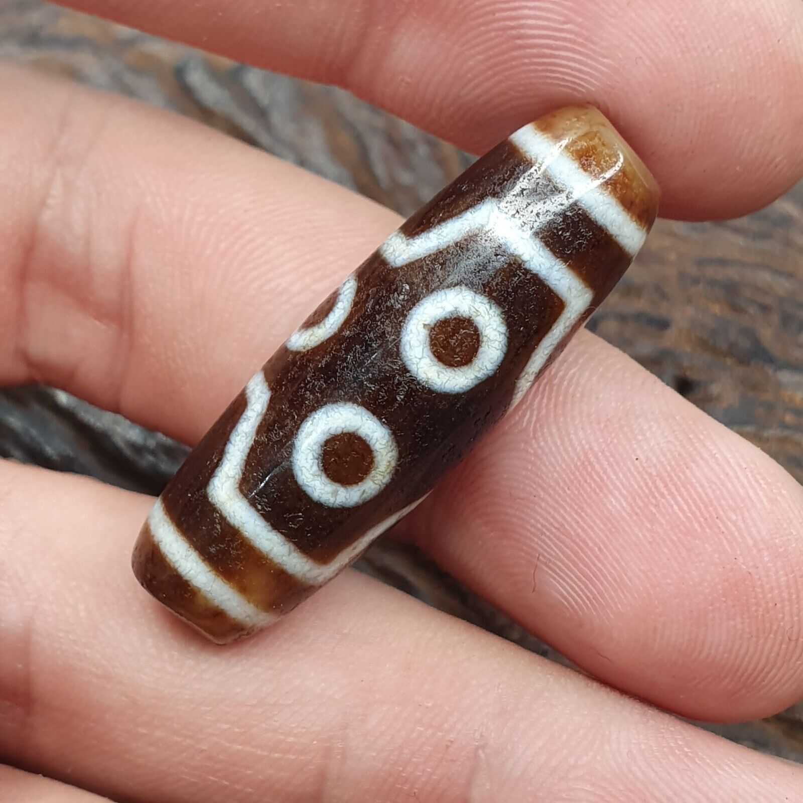 Vintage Tibetan Himalayan 4 Eyes Unique pattern Agate stone Dzi Bead Amulet CT7