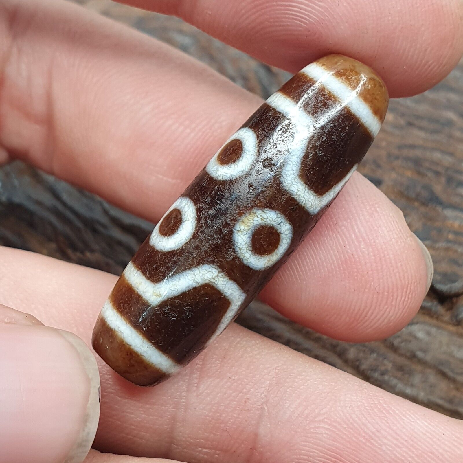 Vintage Tibetan Himalayan 4 Eyes Unique pattern Agate stone Dzi Bead Amulet CT7