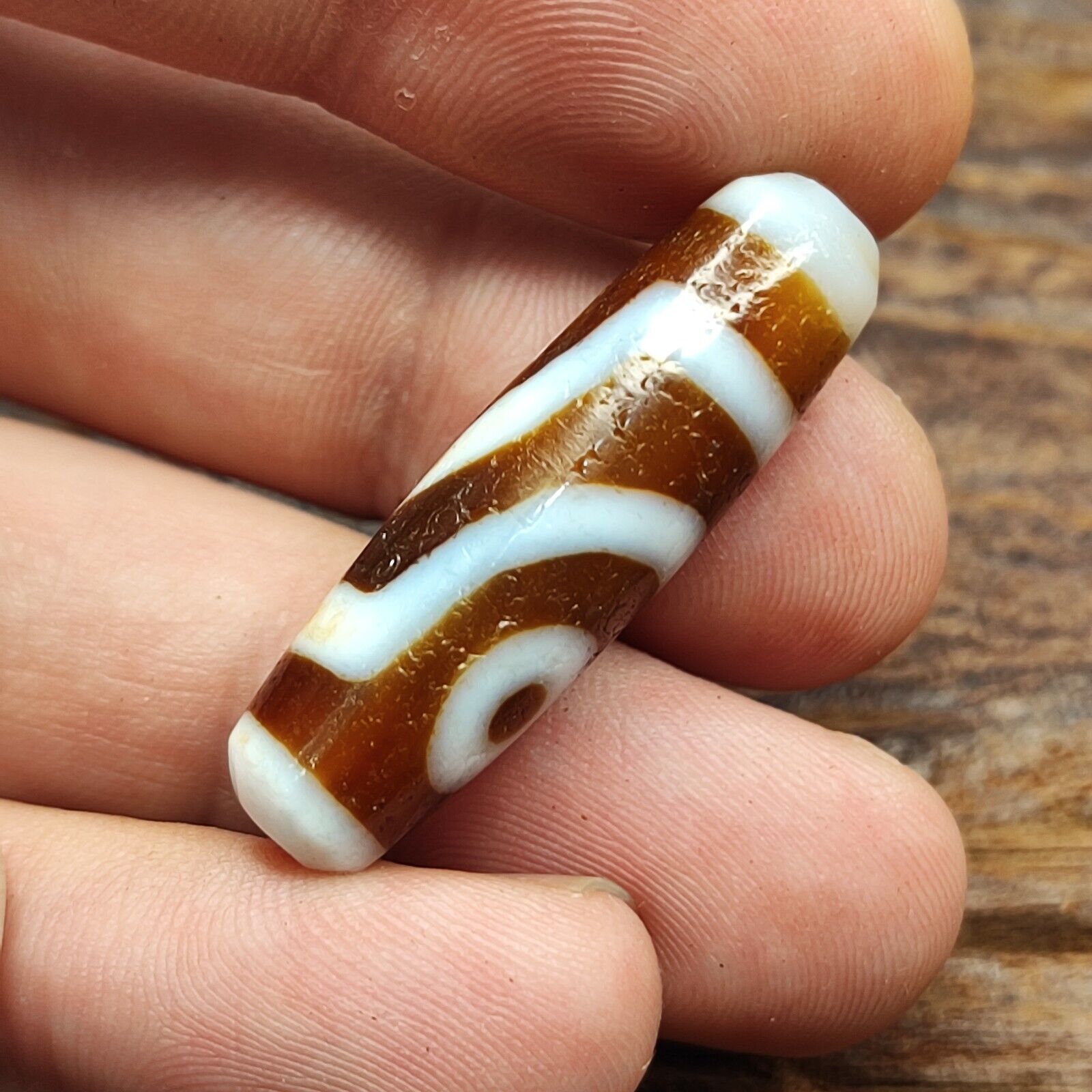 Antique Old Tibetan 2 Circle Eyes in Eye Agate stone Dzi Bead Amulet CT-2