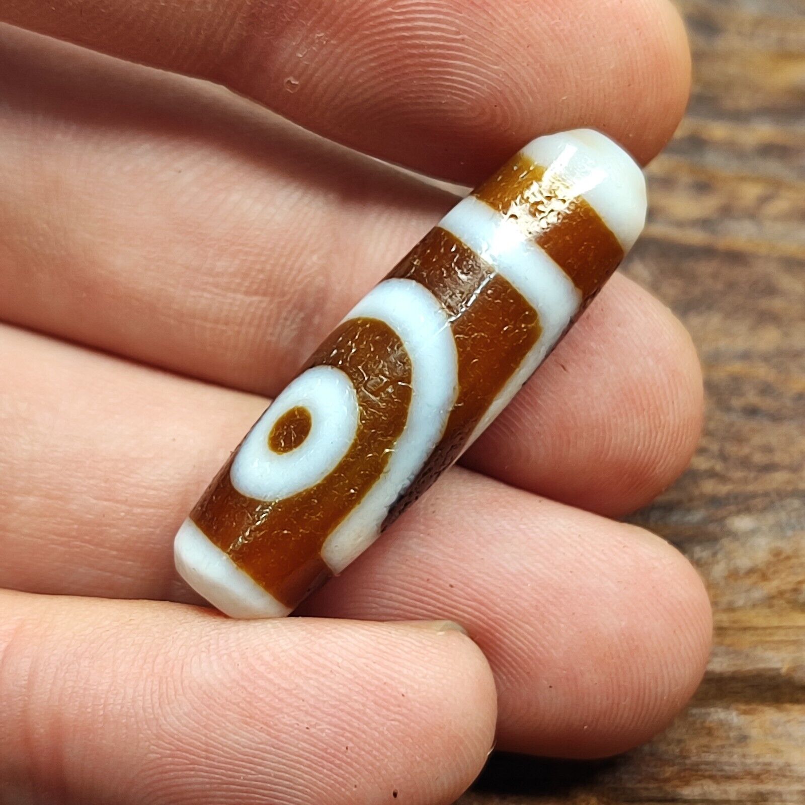 Antique Old Tibetan 2 Circle Eyes in Eye Agate stone Dzi Bead Amulet CT-2