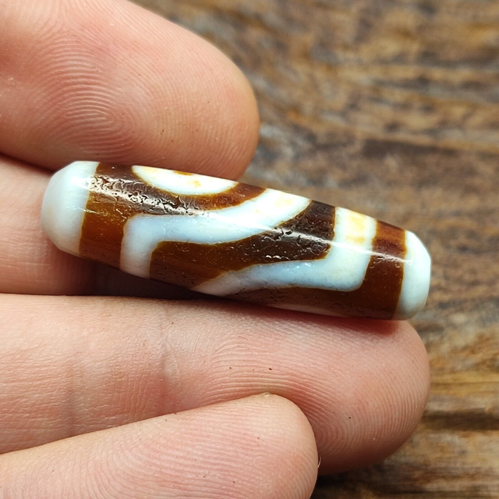 Antique Old Tibetan 2 Circle Eyes in Eye Agate stone Dzi Bead Amulet CT-2