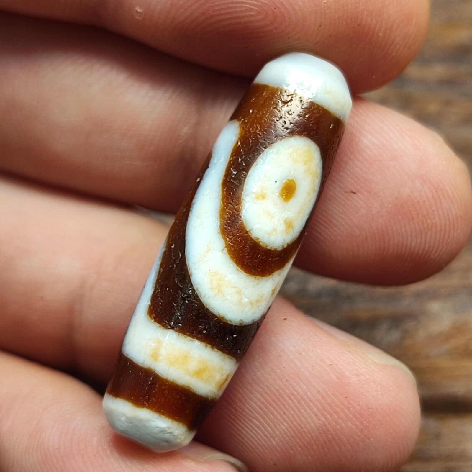 Antique Old Tibetan 2 Circle Eyes in Eye Agate stone Dzi Bead Amulet CT-2