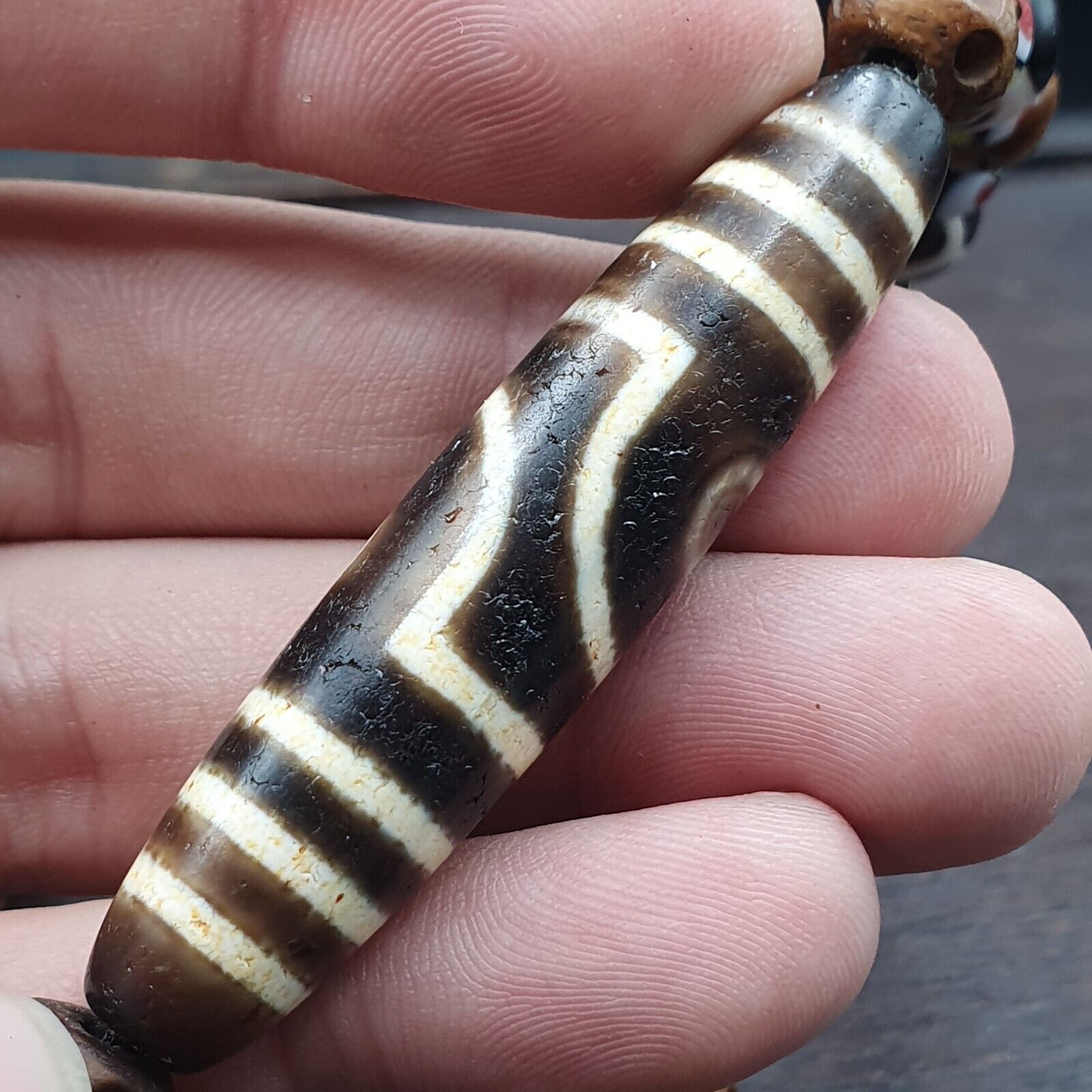 Vintage Himalayan Tibetan 2 Eye Dzi Bead Amulet with Skull and Football Shape