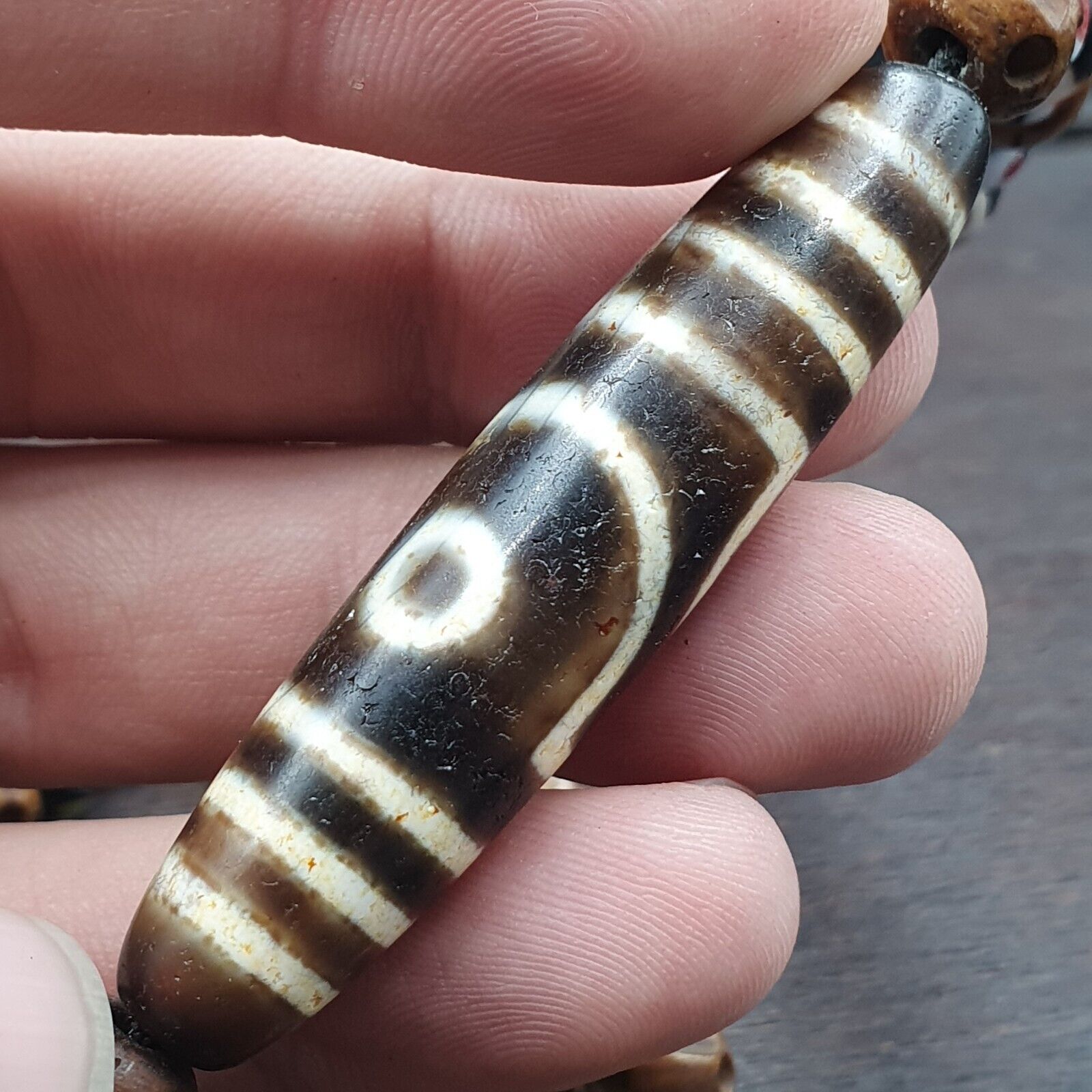 Vintage Himalayan Tibetan 2 Eye Dzi Bead Amulet with Skull and Football Shape