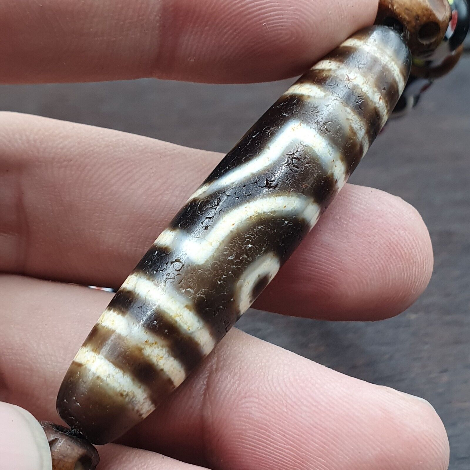 Vintage Himalayan Tibetan 2 Eye Dzi Bead Amulet with Skull and Football Shape