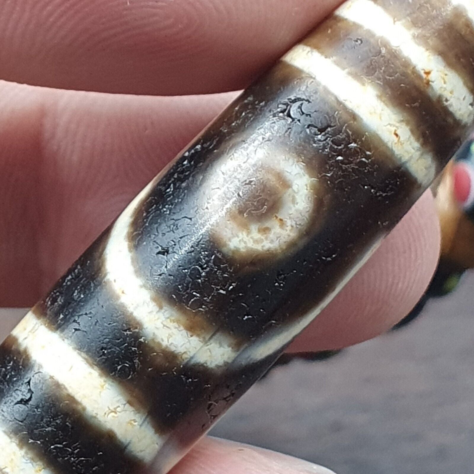 Vintage Himalayan Tibetan 2 Eye Dzi Bead Amulet with Skull and Football Shape