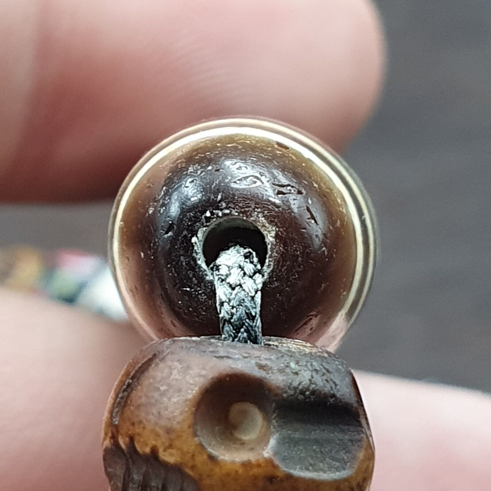 Vintage Himalayan Tibetan 2 Eye Dzi Bead Amulet with Skull and Football Shape