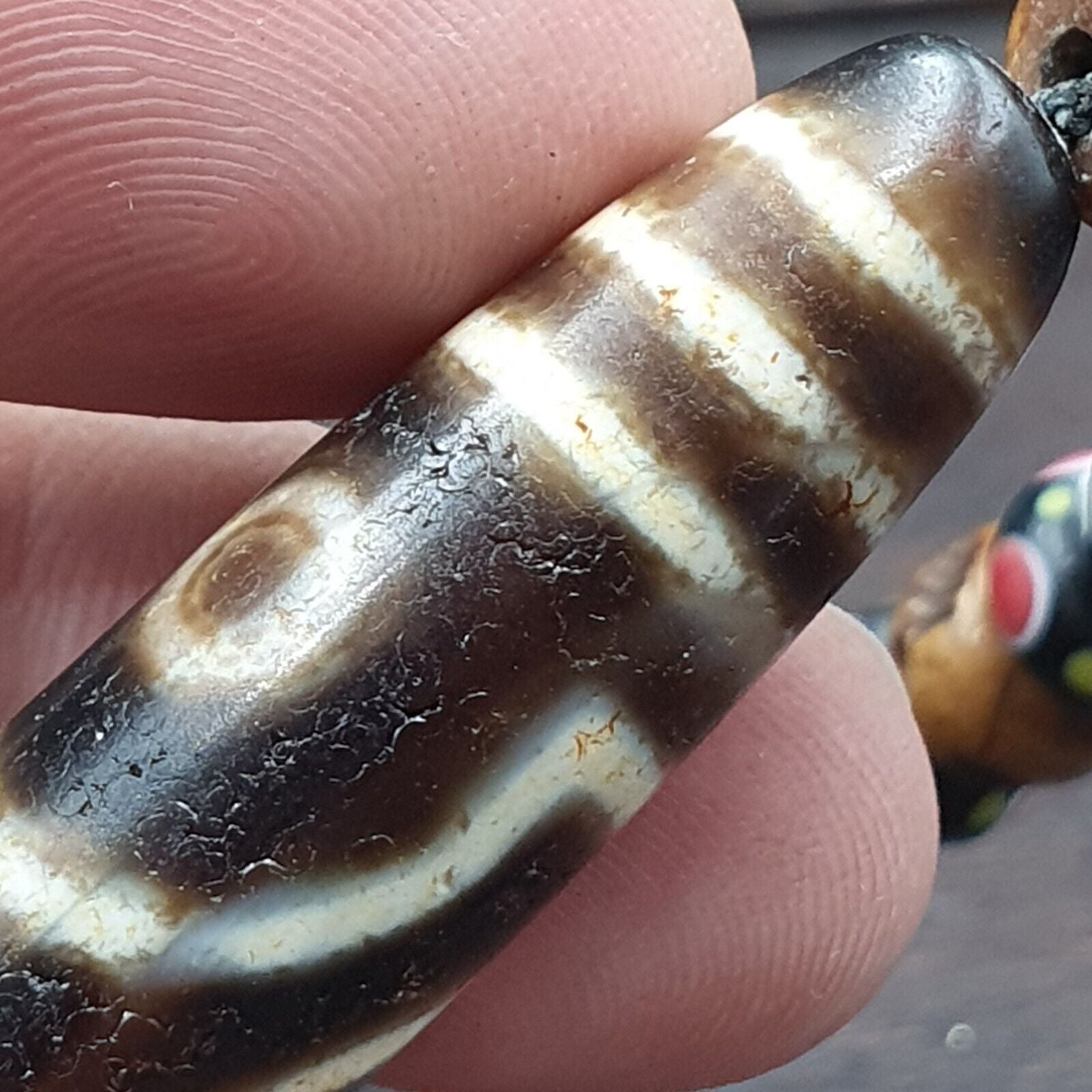 Vintage Himalayan Tibetan 2 Eye Dzi Bead Amulet with Skull and Football Shape