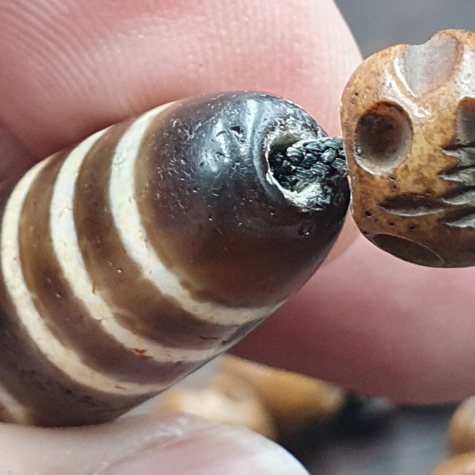 Vintage Himalayan Tibetan 2 Eye Dzi Bead Amulet with Skull and Football Shape