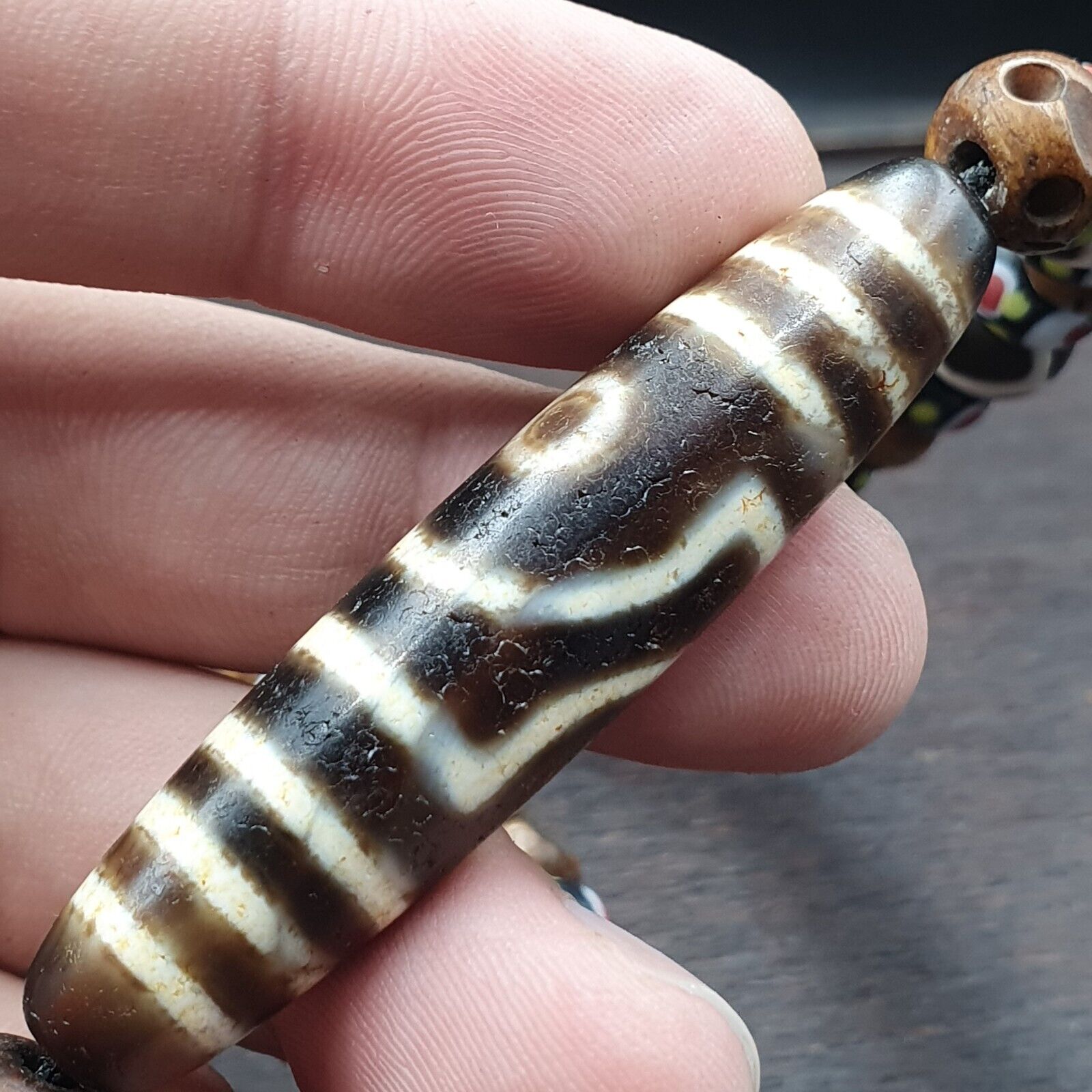 Vintage Himalayan Tibetan 2 Eye Dzi Bead Amulet with Skull and Football Shape