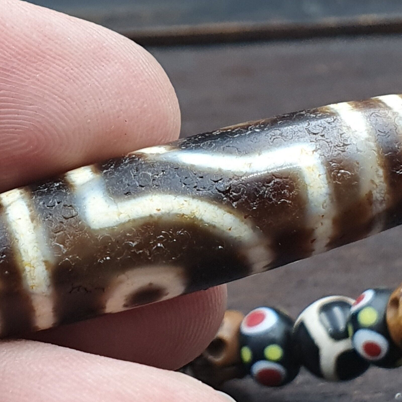 Vintage Himalayan Tibetan 2 Eye Dzi Bead Amulet with Skull and Football Shape