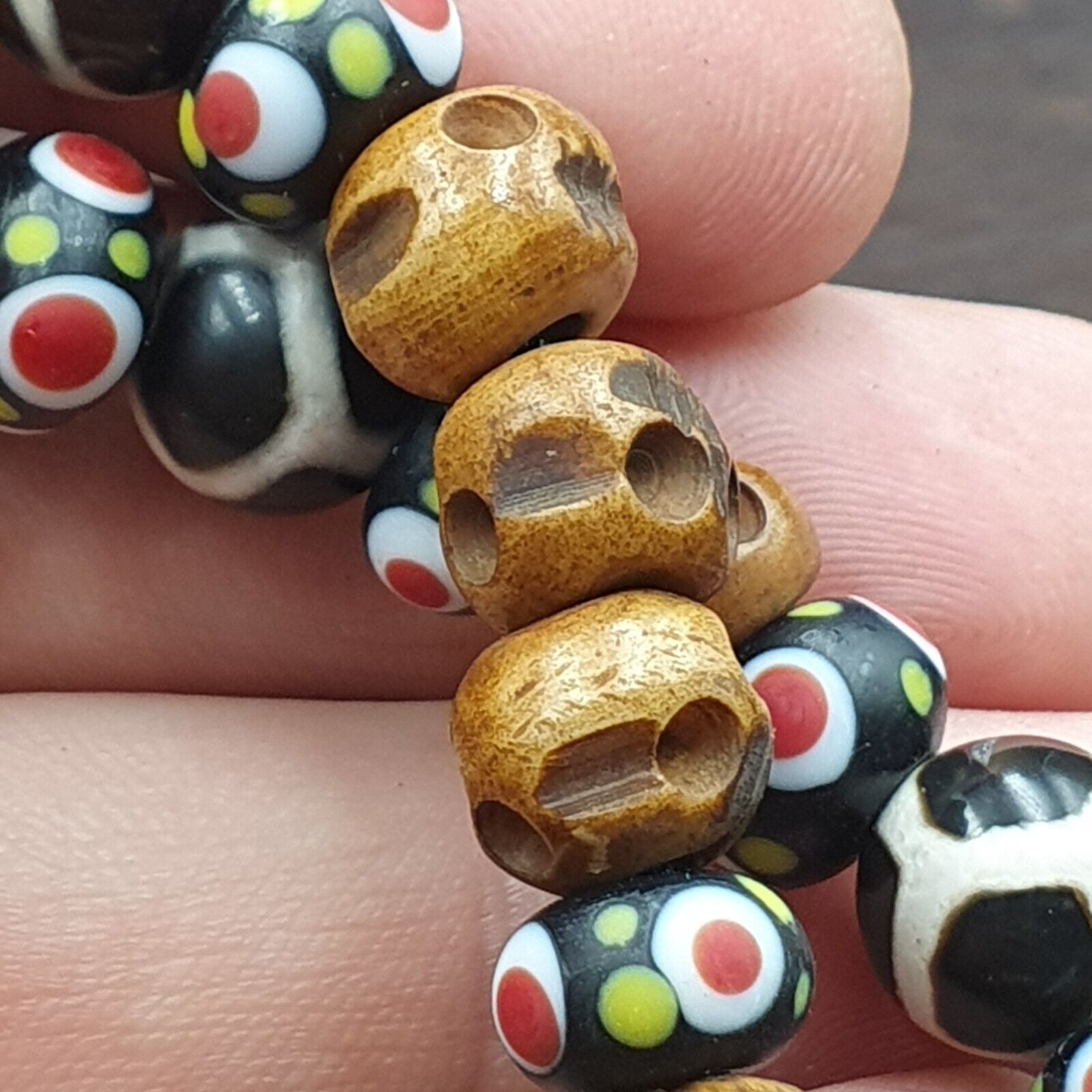 Vintage Himalayan Tibetan 2 Eye Dzi Bead Amulet with Skull and Football Shape