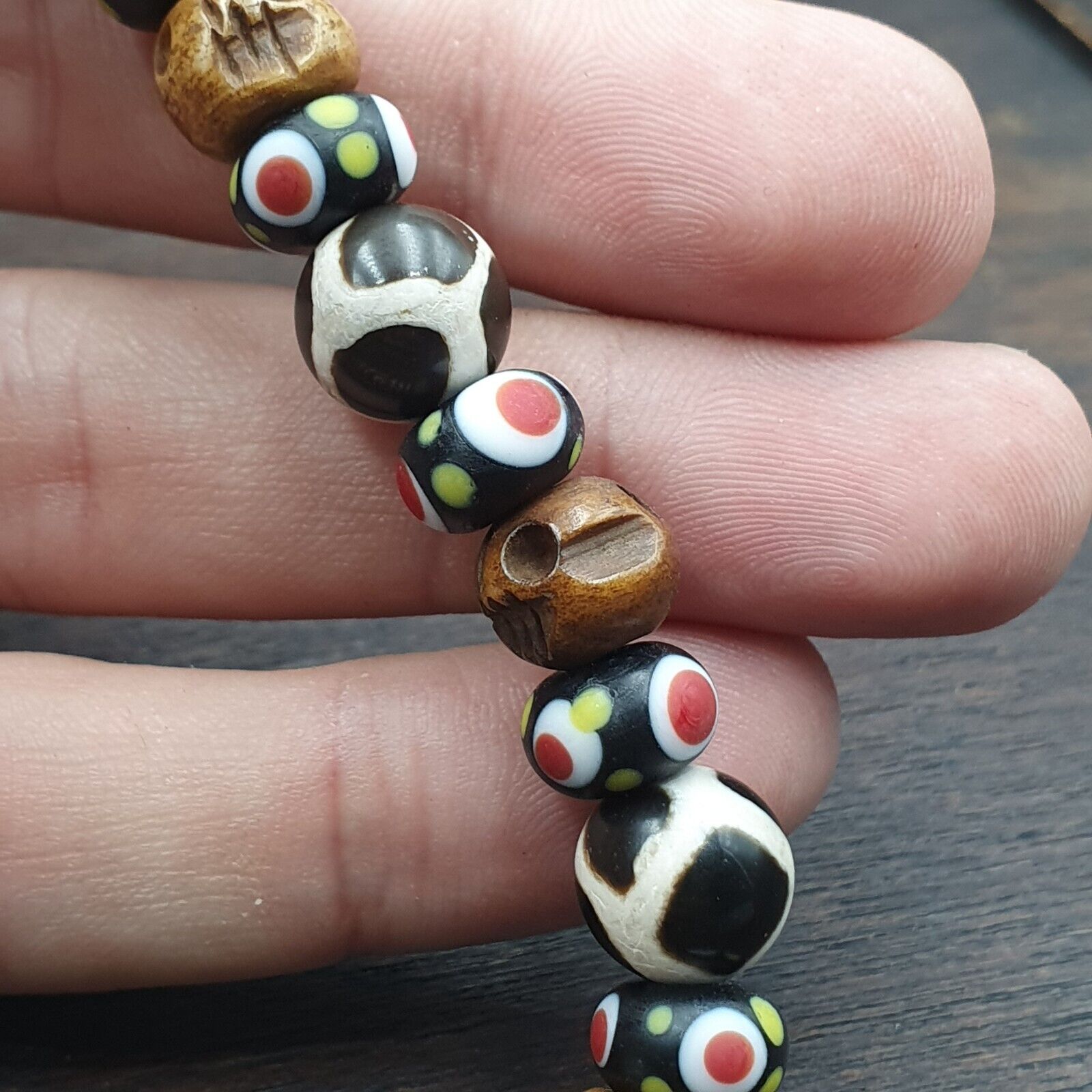 Vintage Himalayan Tibetan 2 Eye Dzi Bead Amulet with Skull and Football Shape