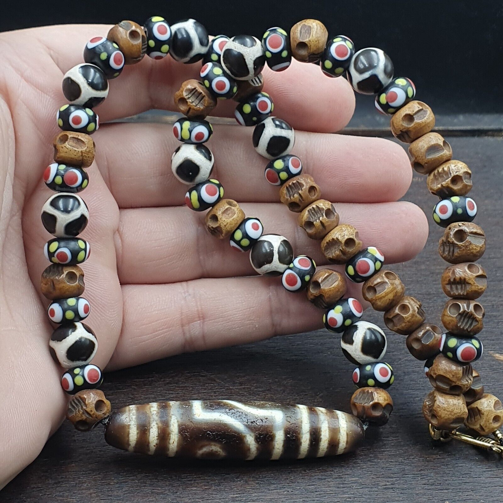 Vintage Himalayan Tibetan 2 Eye Dzi Bead Amulet with Skull and Football Shape