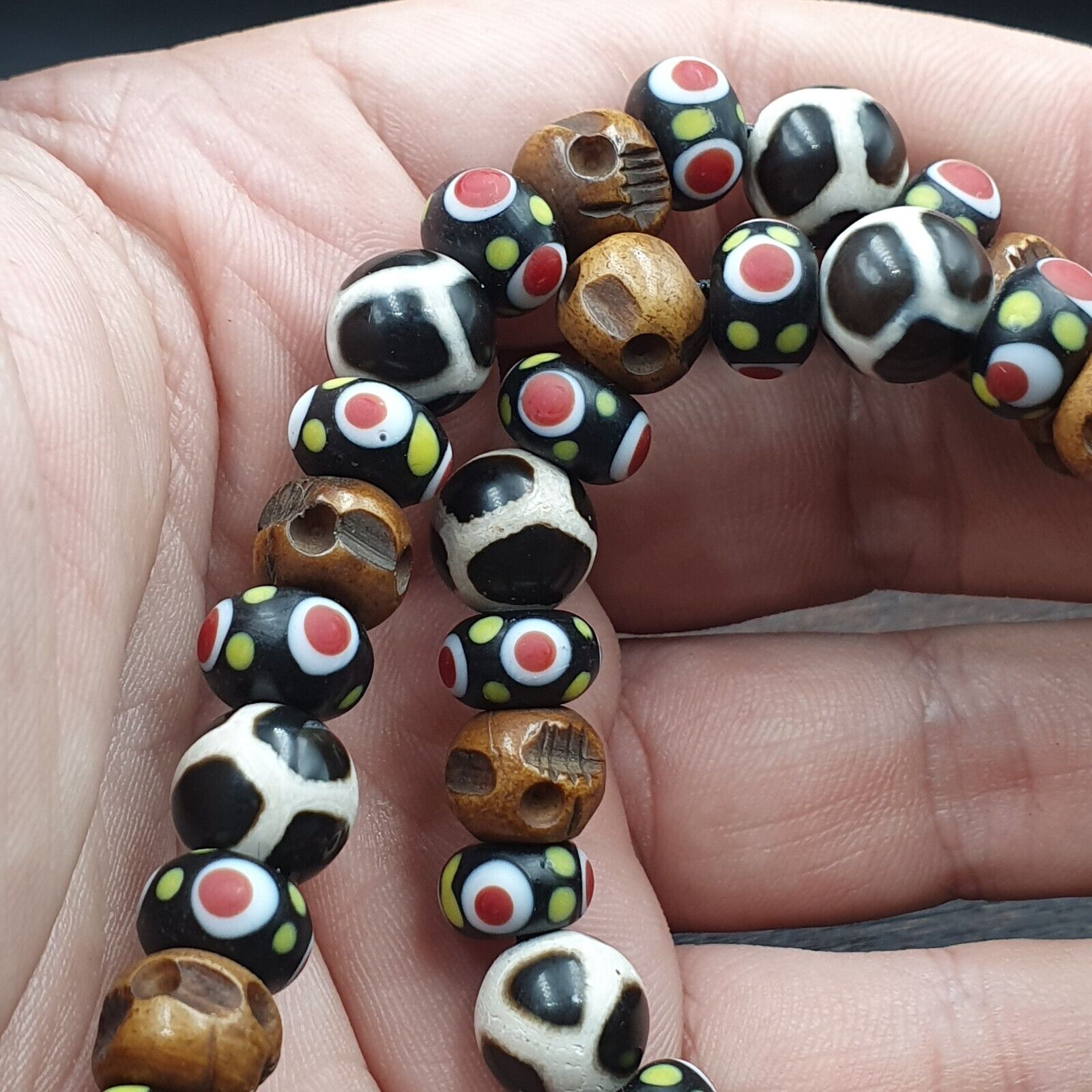 Vintage Himalayan Tibetan 2 Eye Dzi Bead Amulet with Skull and Football Shape