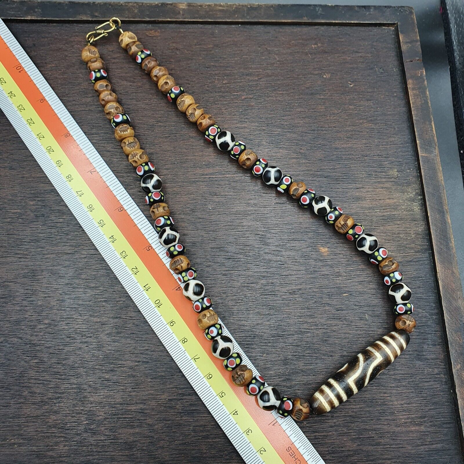 Vintage Himalayan Tibetan 2 Eye Dzi Bead Amulet with Skull and Football Shape