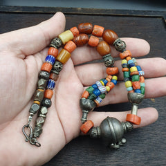 Antique Silver, Amber, Coral, Chevron, Agate, Roman Glass Beads Necklace