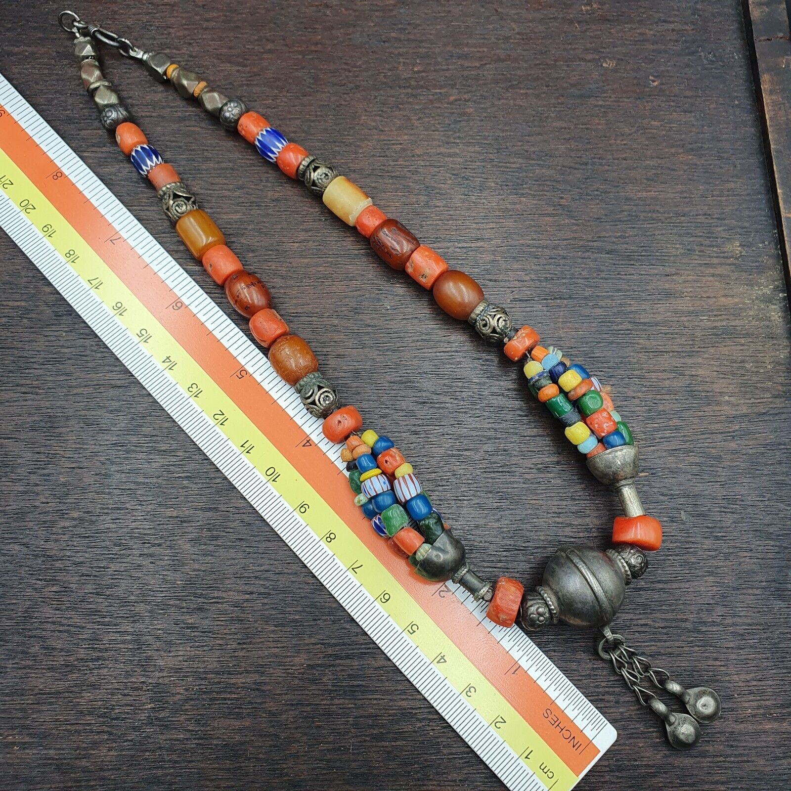 Antique Silver, Amber, Coral, Chevron, Agate, Roman Glass Beads Necklace