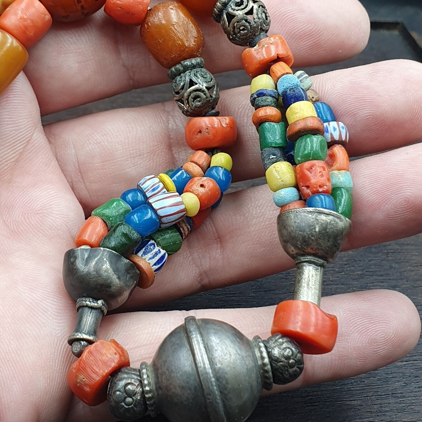Antique Silver, Amber, Coral, Chevron, Agate, Roman Glass Beads Necklace