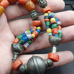 Antique Silver, Amber, Coral, Chevron, Agate, Roman Glass Beads Necklace