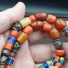 Antique Silver, Amber, Coral, Chevron, Agate, Roman Glass Beads Necklace