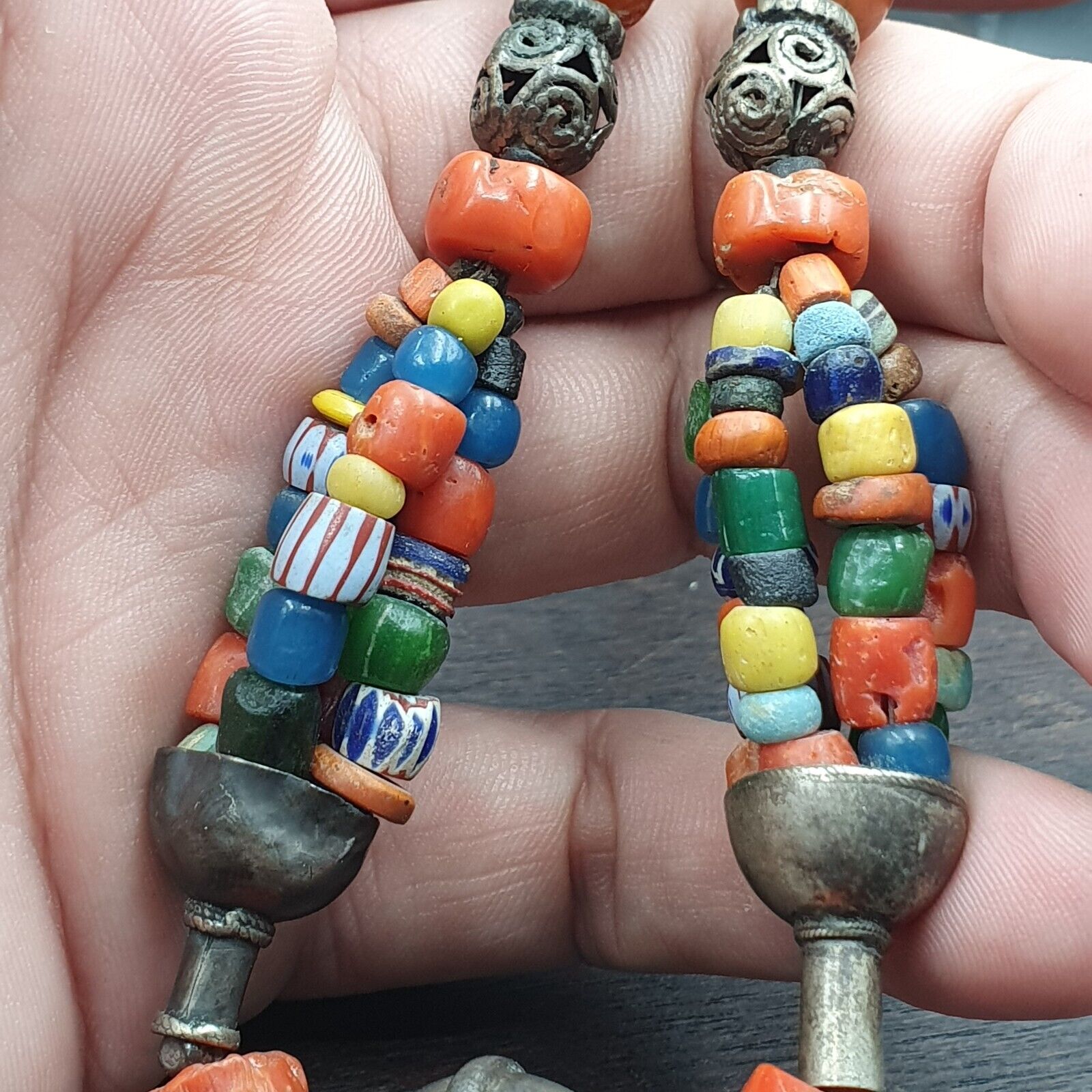 Antique Silver, Amber, Coral, Chevron, Agate, Roman Glass Beads Necklace
