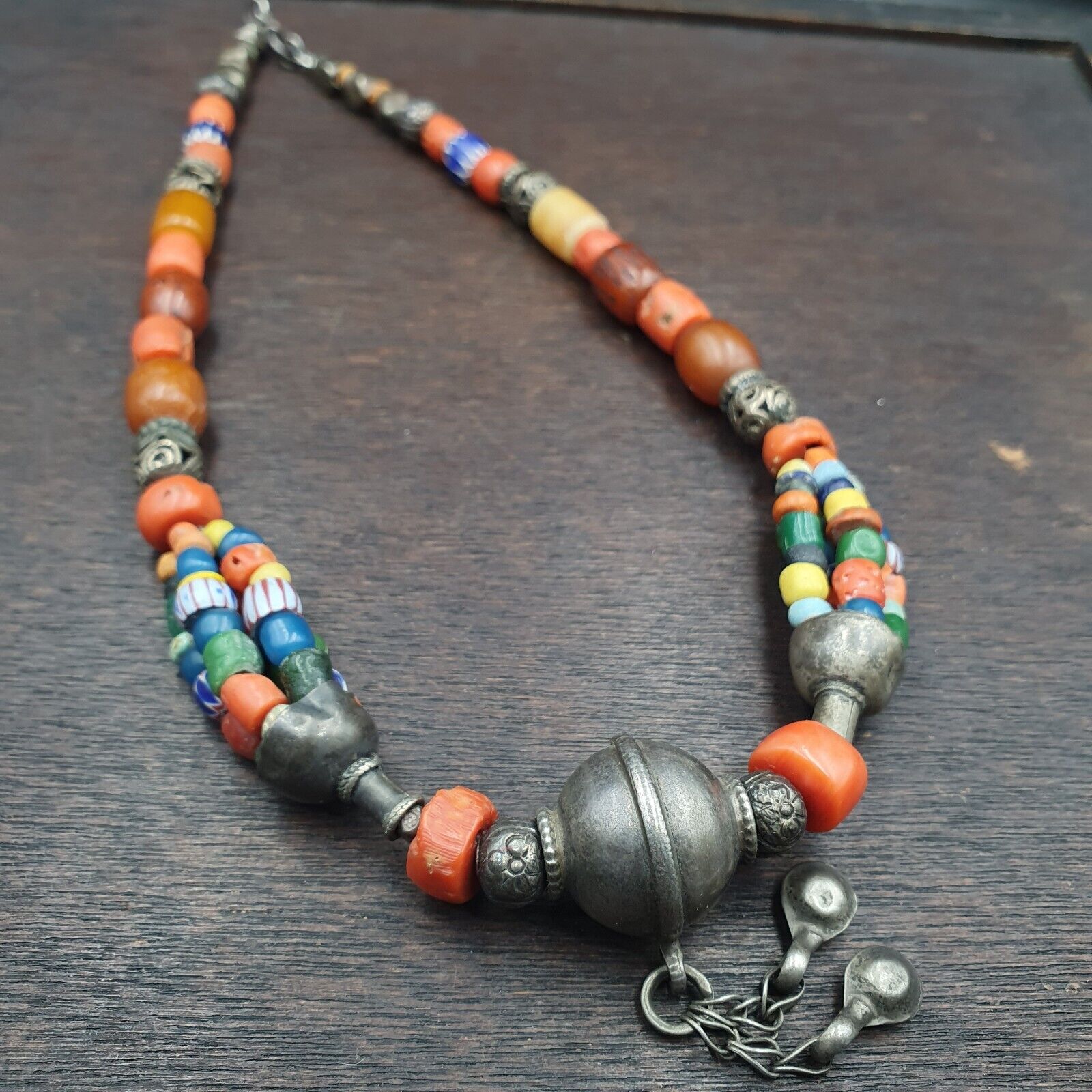 Antique Silver, Amber, Coral, Chevron, Agate, Roman Glass Beads Necklace