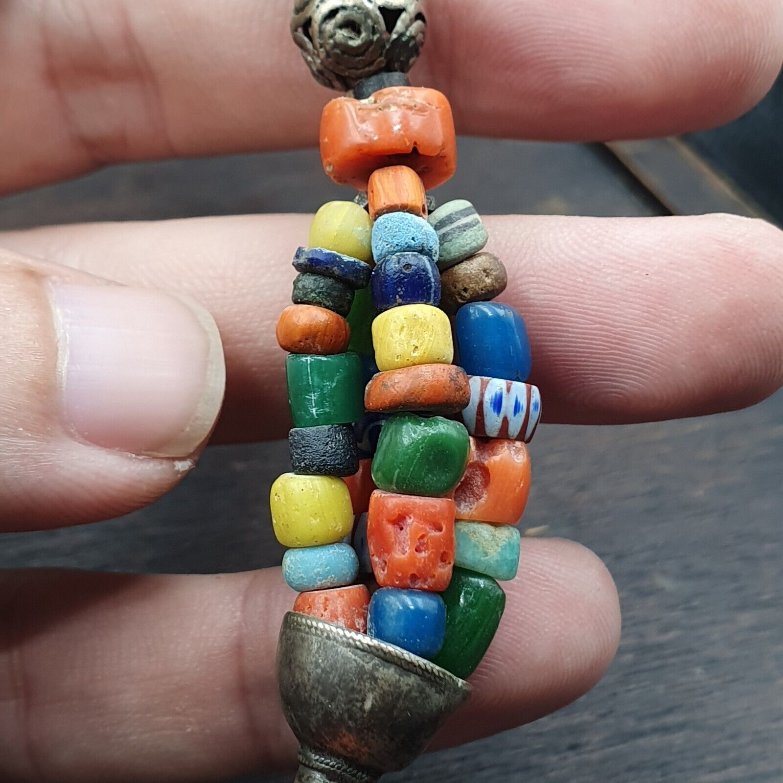 Antique Silver, Amber, Coral, Chevron, Agate, Roman Glass Beads Necklace